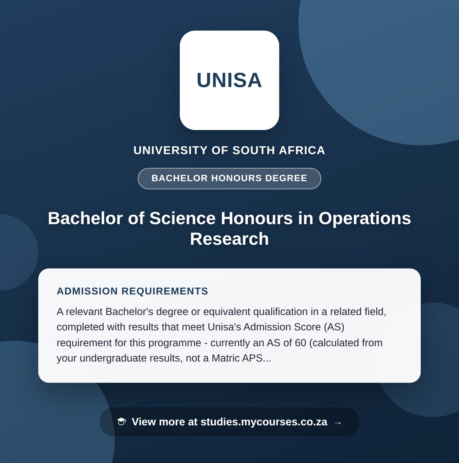Poster showing admission requirements for the Bachelor of Science Honours in Operations Research bachelor honours degree at University of South Africa, with a link to studies.mycourses.co.za
