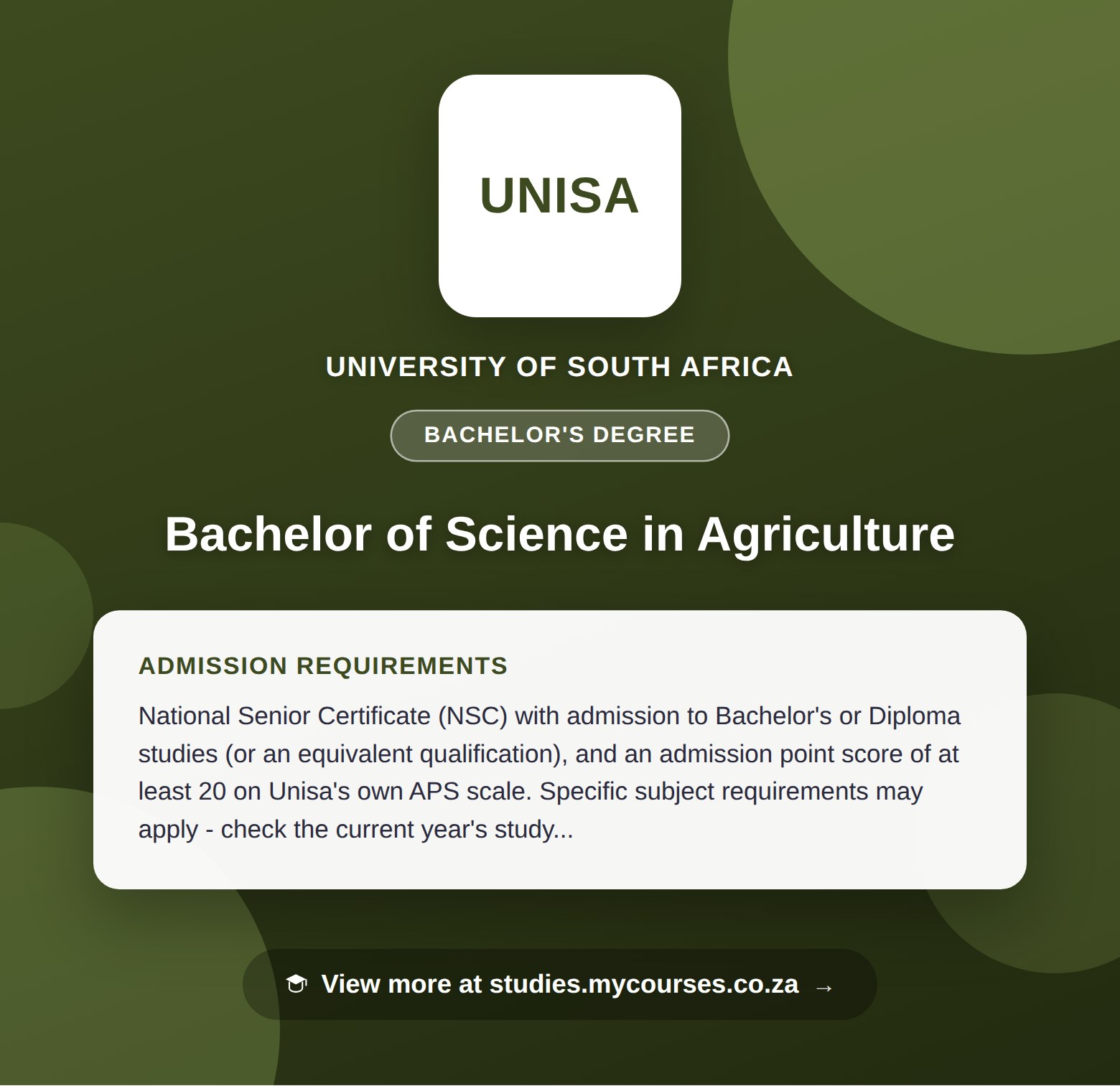 Poster showing admission requirements for the Bachelor of Science in Agriculture bachelor's degree at University of South Africa, with a link to studies.mycourses.co.za