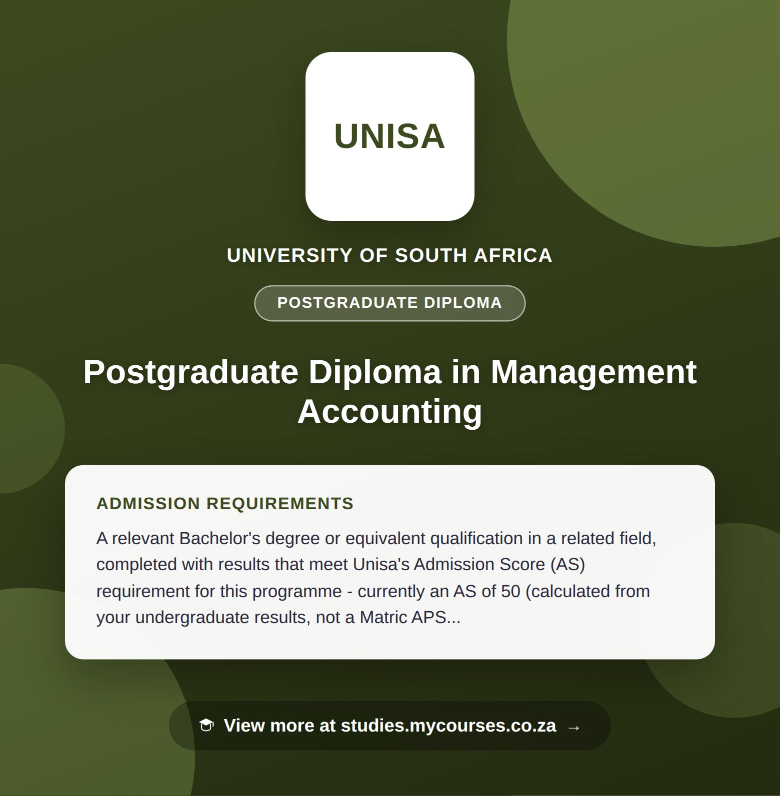 Poster showing admission requirements for the Postgraduate Diploma in Management Accounting postgraduate diploma at University of South Africa, with a link to studies.mycourses.co.za