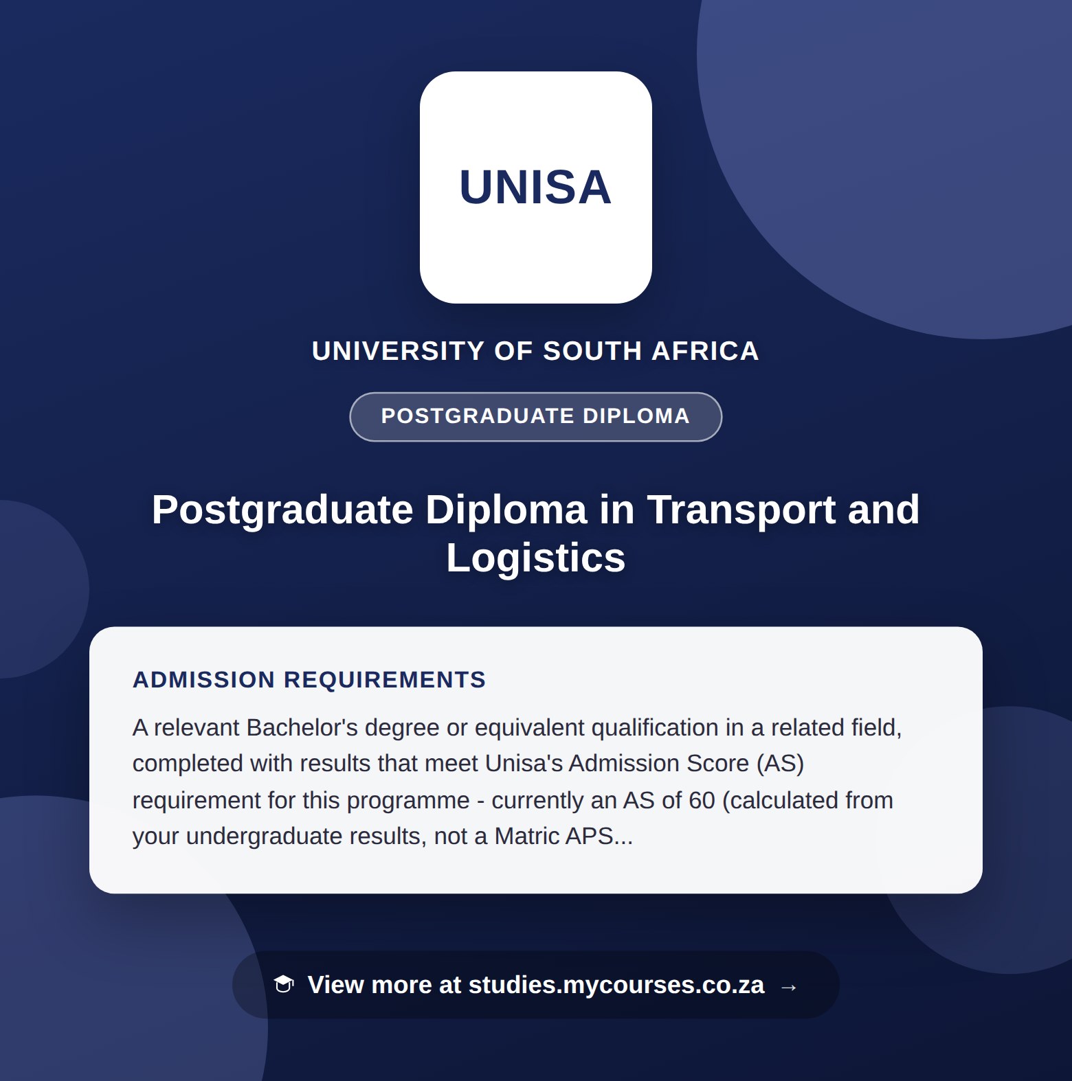 Poster showing admission requirements for the Postgraduate Diploma in Transport and Logistics postgraduate diploma at University of South Africa, with a link to studies.mycourses.co.za