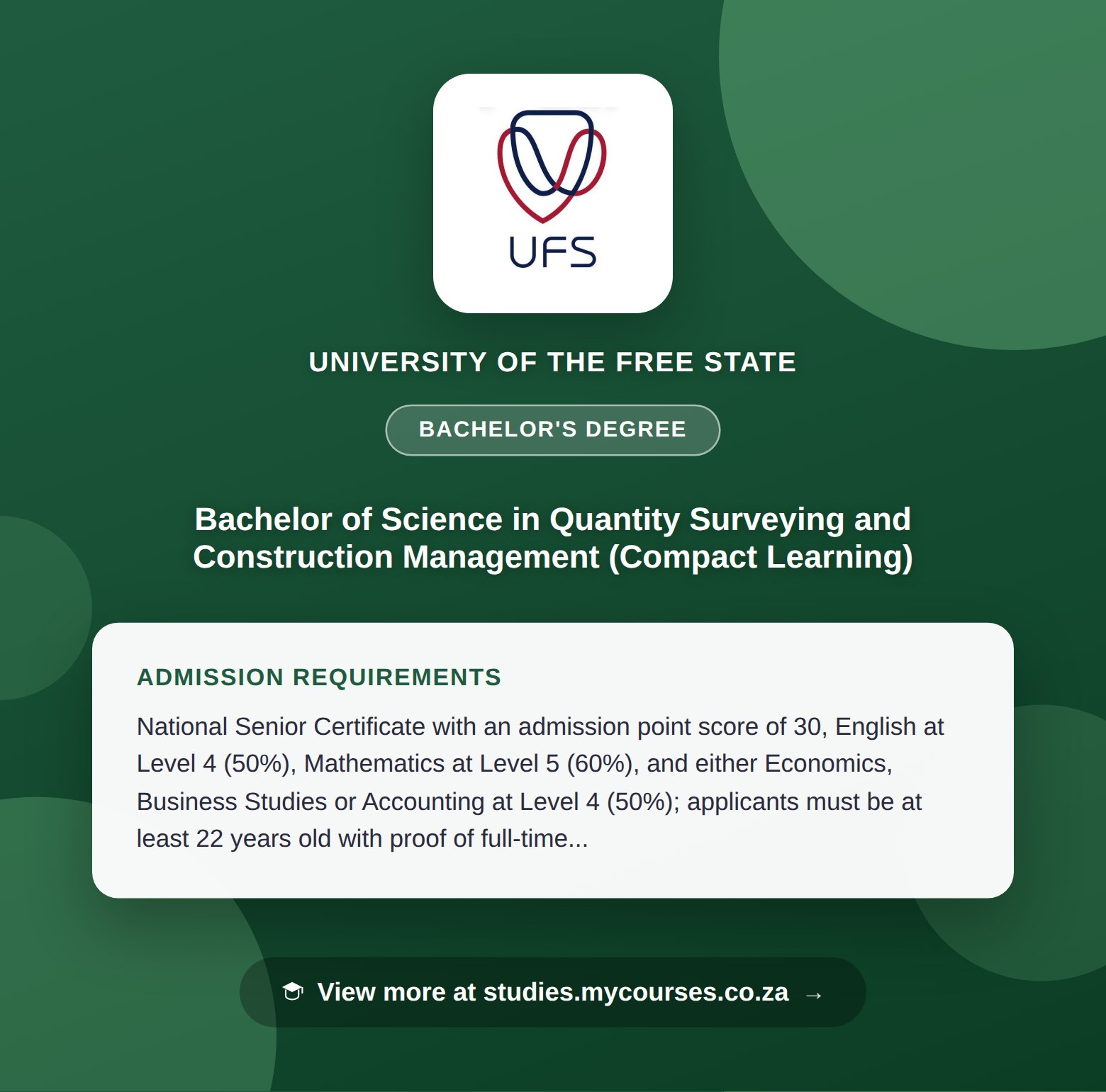 Poster showing admission requirements for the Bachelor of Science in Quantity Surveying and Construction Management (Compact Learning) bachelor's degree at University of the Free State, with a link to studies.mycourses.co.za