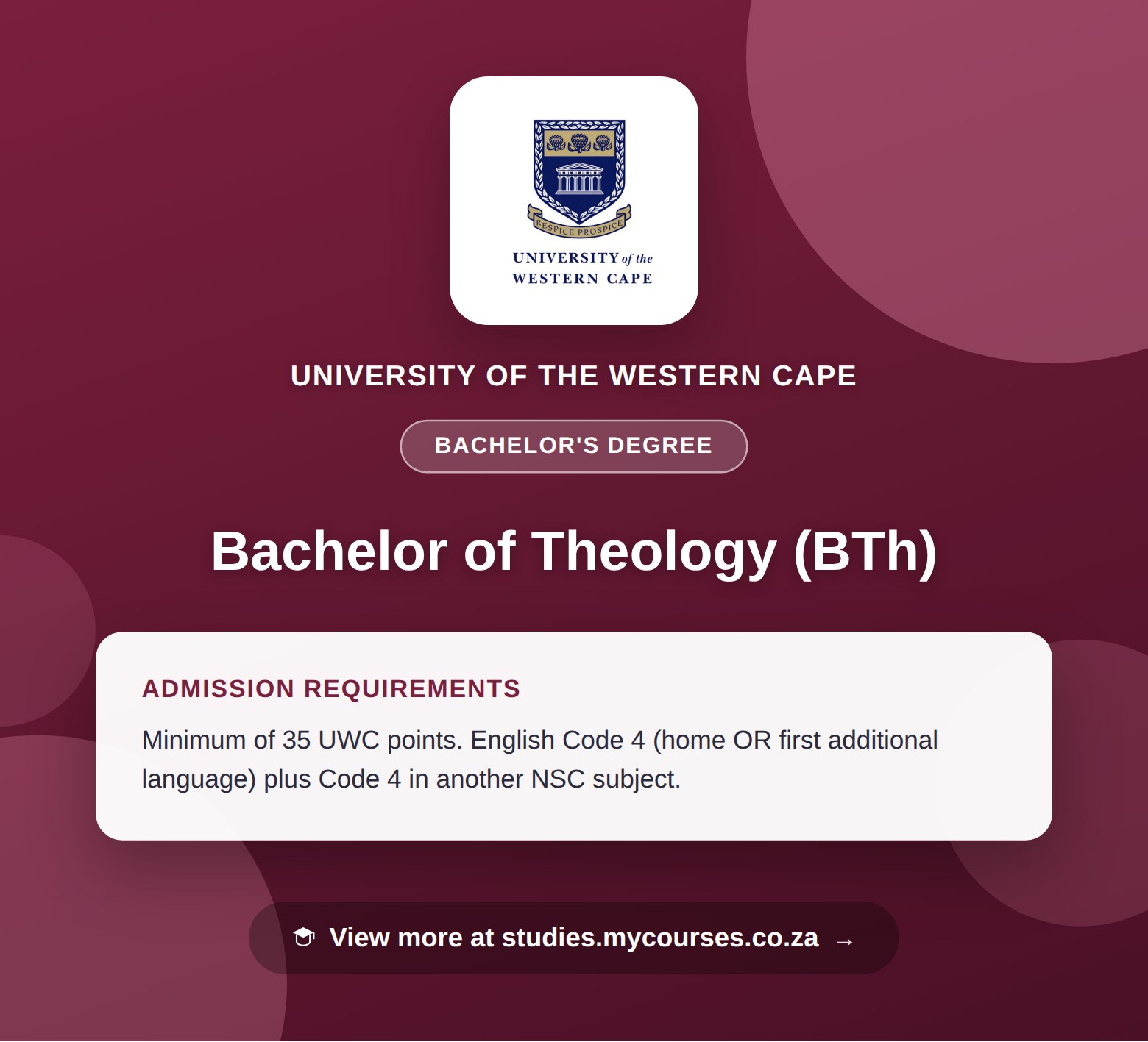 Poster showing admission requirements for the Bachelor of Theology (BTh) bachelor's degree at University of the Western Cape, with a link to studies.mycourses.co.za