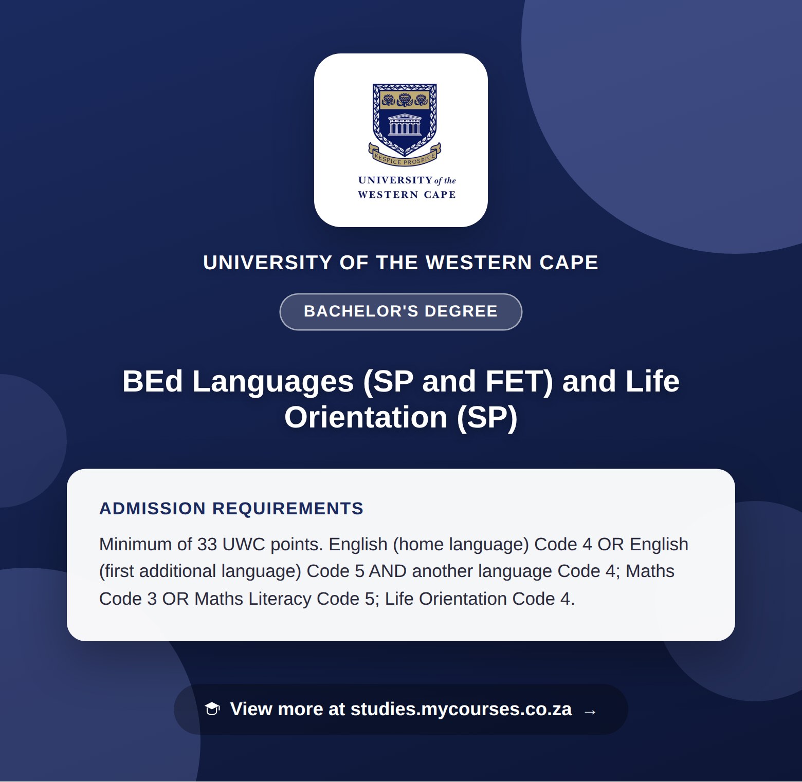 Poster showing admission requirements for the BEd Languages (SP and FET) and Life Orientation (SP) bachelor's degree at University of the Western Cape, with a link to studies.mycourses.co.za