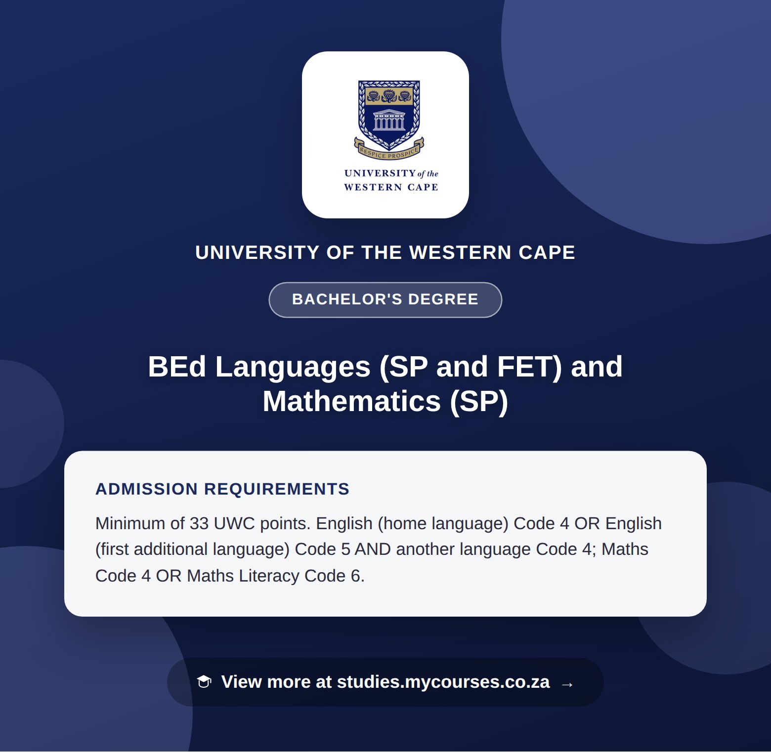 Poster showing admission requirements for the BEd Languages (SP and FET) and Mathematics (SP) bachelor's degree at University of the Western Cape, with a link to studies.mycourses.co.za