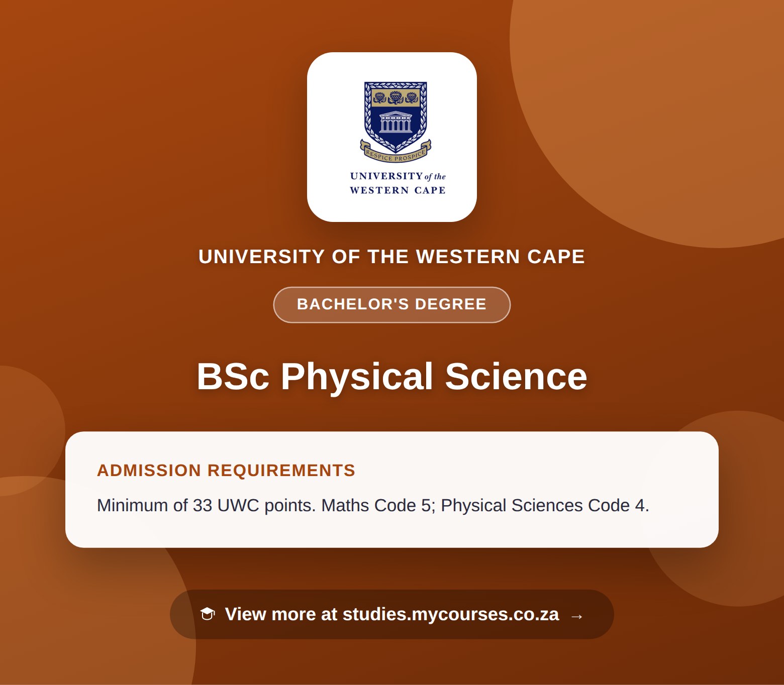 Poster showing admission requirements for the BSc Physical Science bachelor's degree at University of the Western Cape, with a link to studies.mycourses.co.za