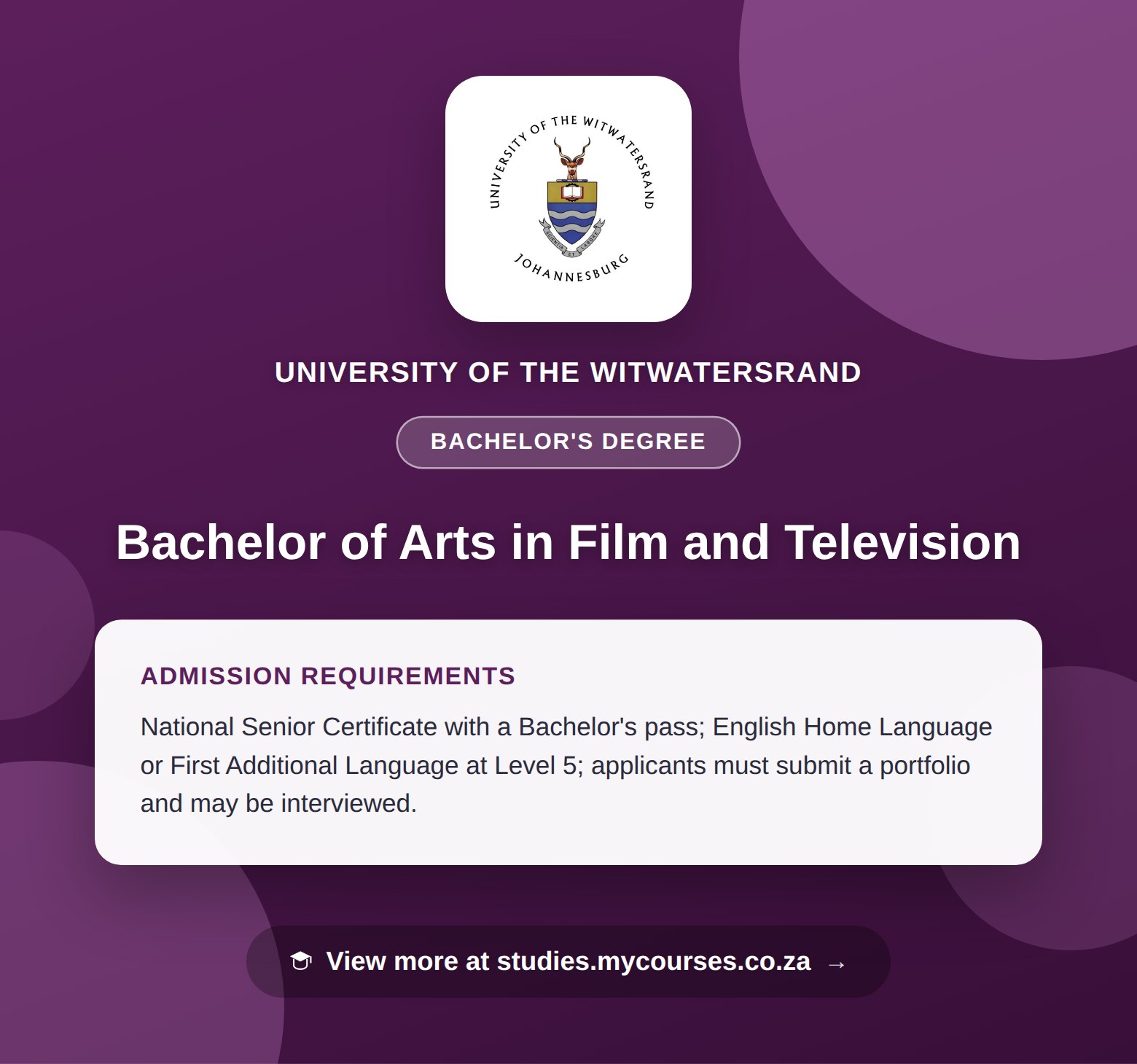 Poster showing admission requirements for the Bachelor of Arts in Film and Television bachelor's degree at University of the Witwatersrand, with a link to studies.mycourses.co.za