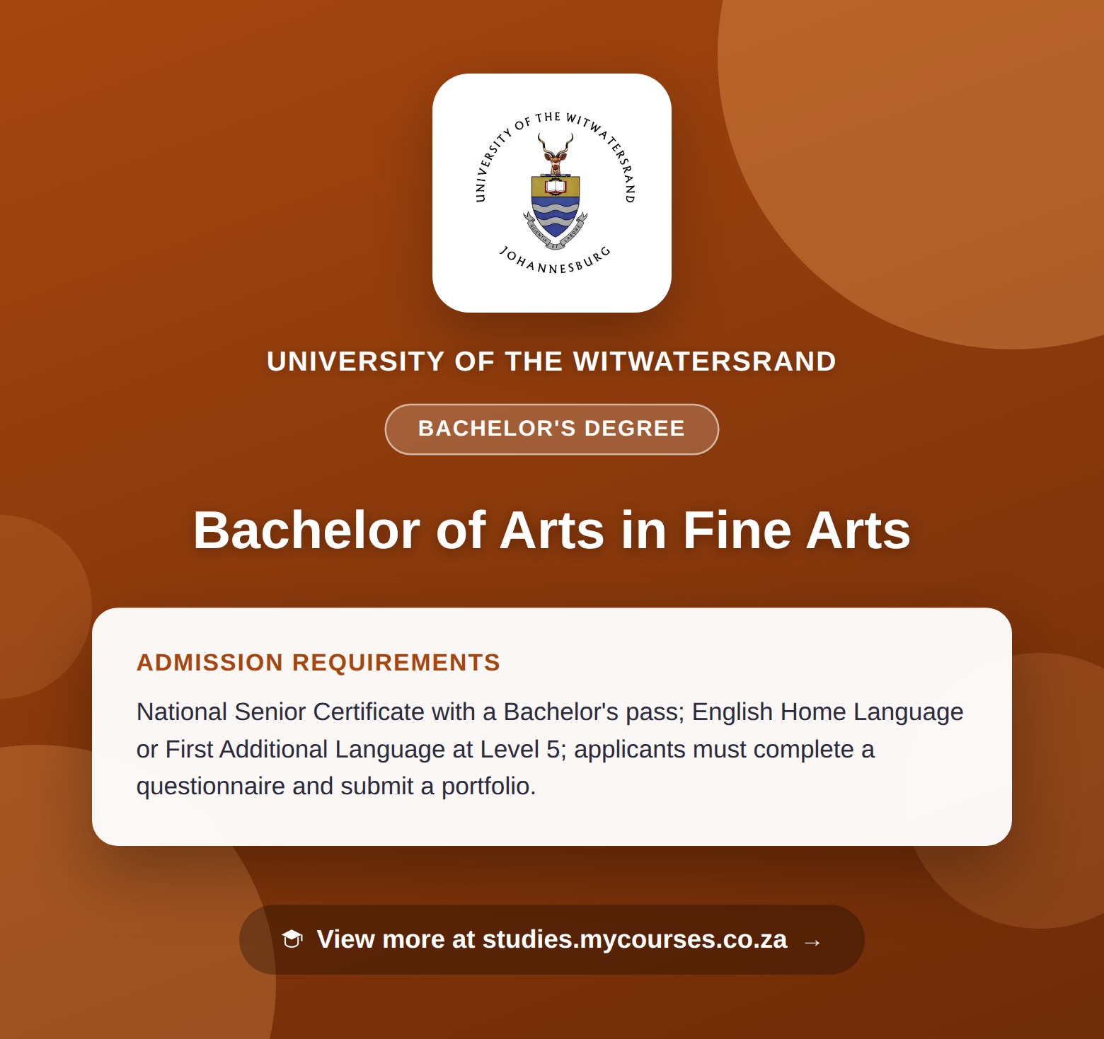 Poster showing admission requirements for the Bachelor of Arts in Fine Arts bachelor's degree at University of the Witwatersrand, with a link to studies.mycourses.co.za