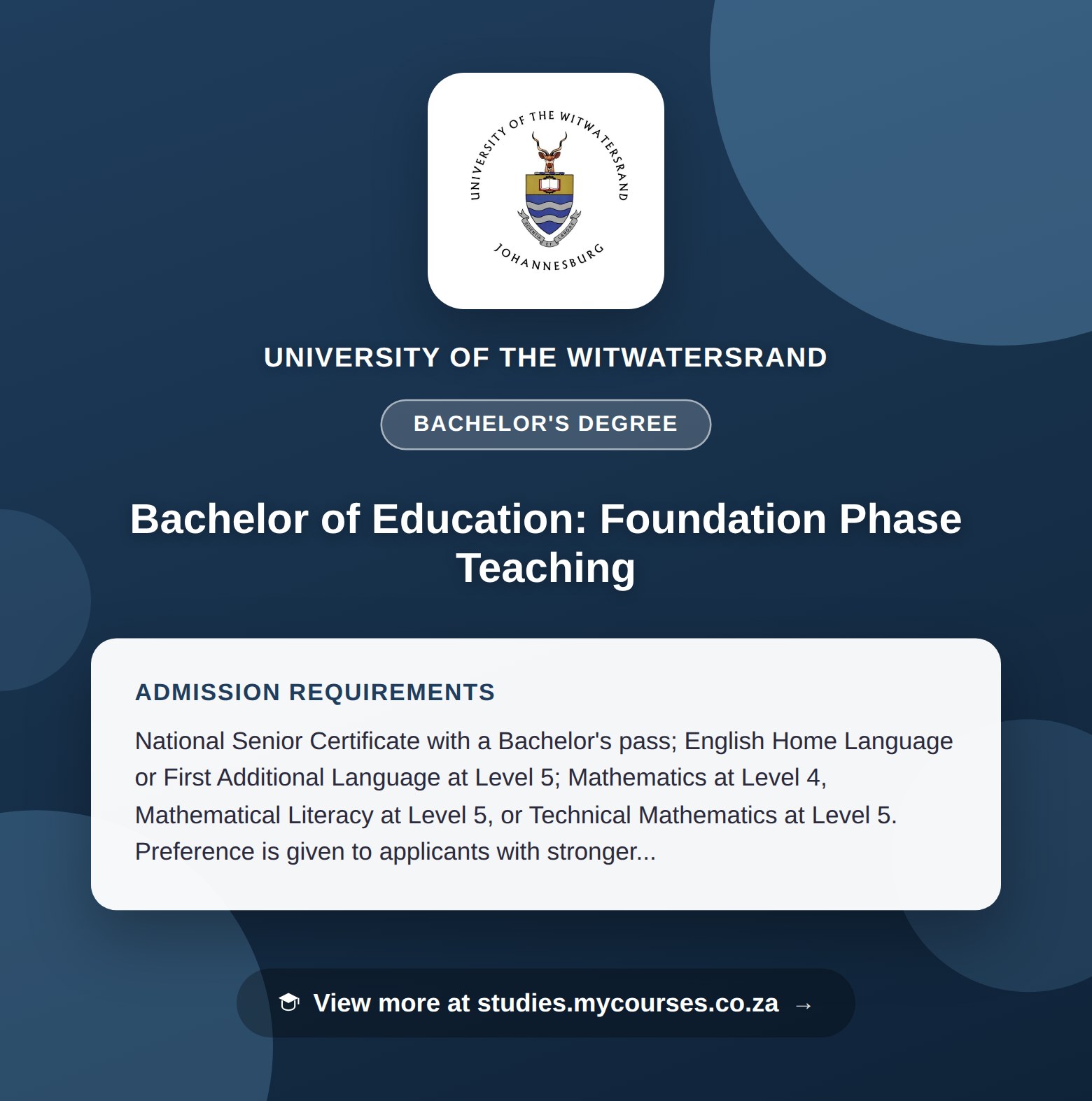 Poster showing admission requirements for the Bachelor of Education: Foundation Phase Teaching bachelor's degree at University of the Witwatersrand, with a link to studies.mycourses.co.za