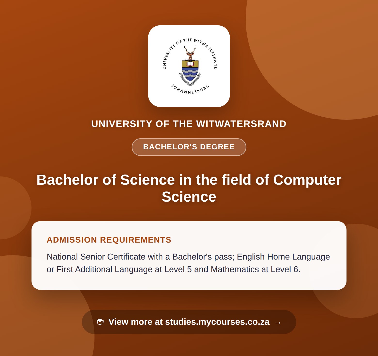 Poster showing admission requirements for the Bachelor of Science in the field of Computer Science bachelor's degree at University of the Witwatersrand, with a link to studies.mycourses.co.za