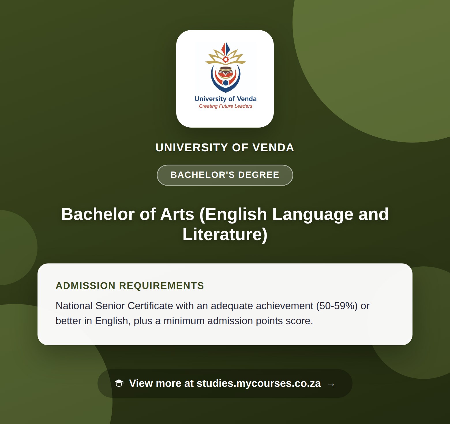 Poster showing admission requirements for the Bachelor of Arts (English Language and Literature) bachelor's degree at University of Venda, with a link to studies.mycourses.co.za