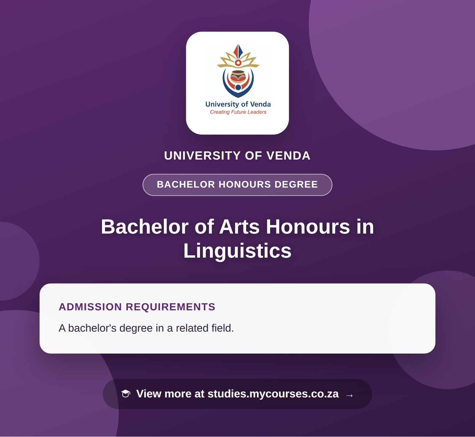 Poster showing admission requirements for the Bachelor of Arts Honours in Linguistics bachelor honours degree at University of Venda, with a link to studies.mycourses.co.za