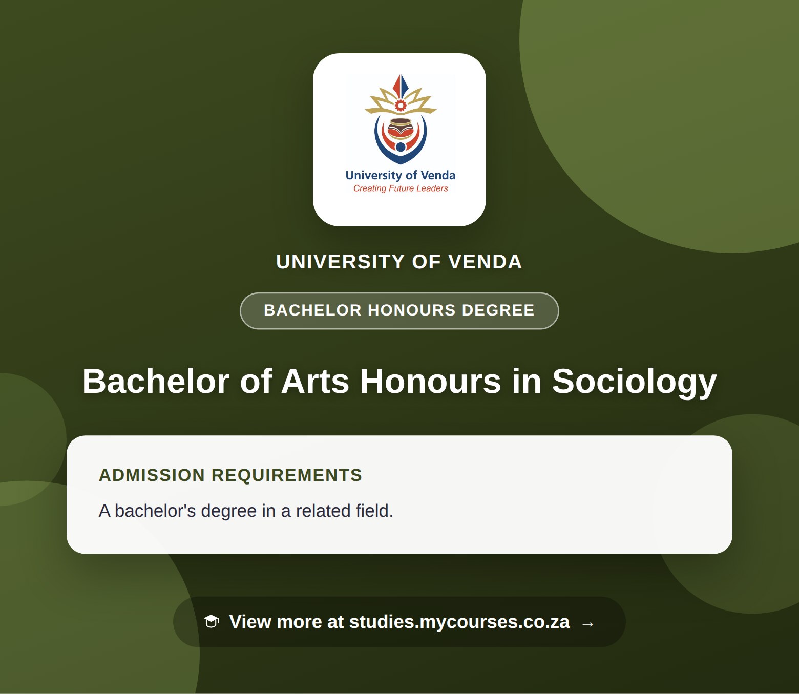 Poster showing admission requirements for the Bachelor of Arts Honours in Sociology bachelor honours degree at University of Venda, with a link to studies.mycourses.co.za