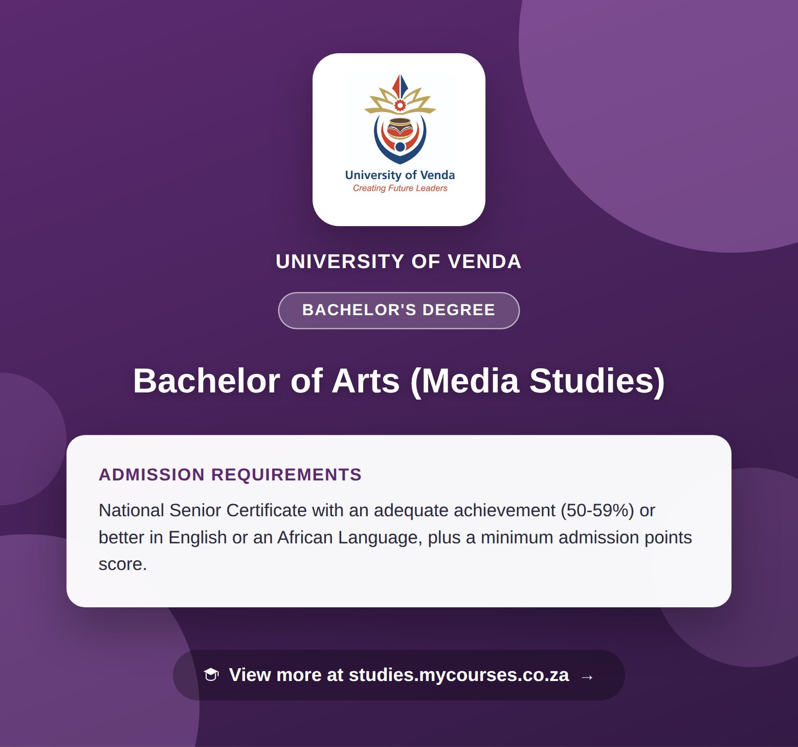 Poster showing admission requirements for the Bachelor of Arts (Media Studies) bachelor's degree at University of Venda, with a link to studies.mycourses.co.za