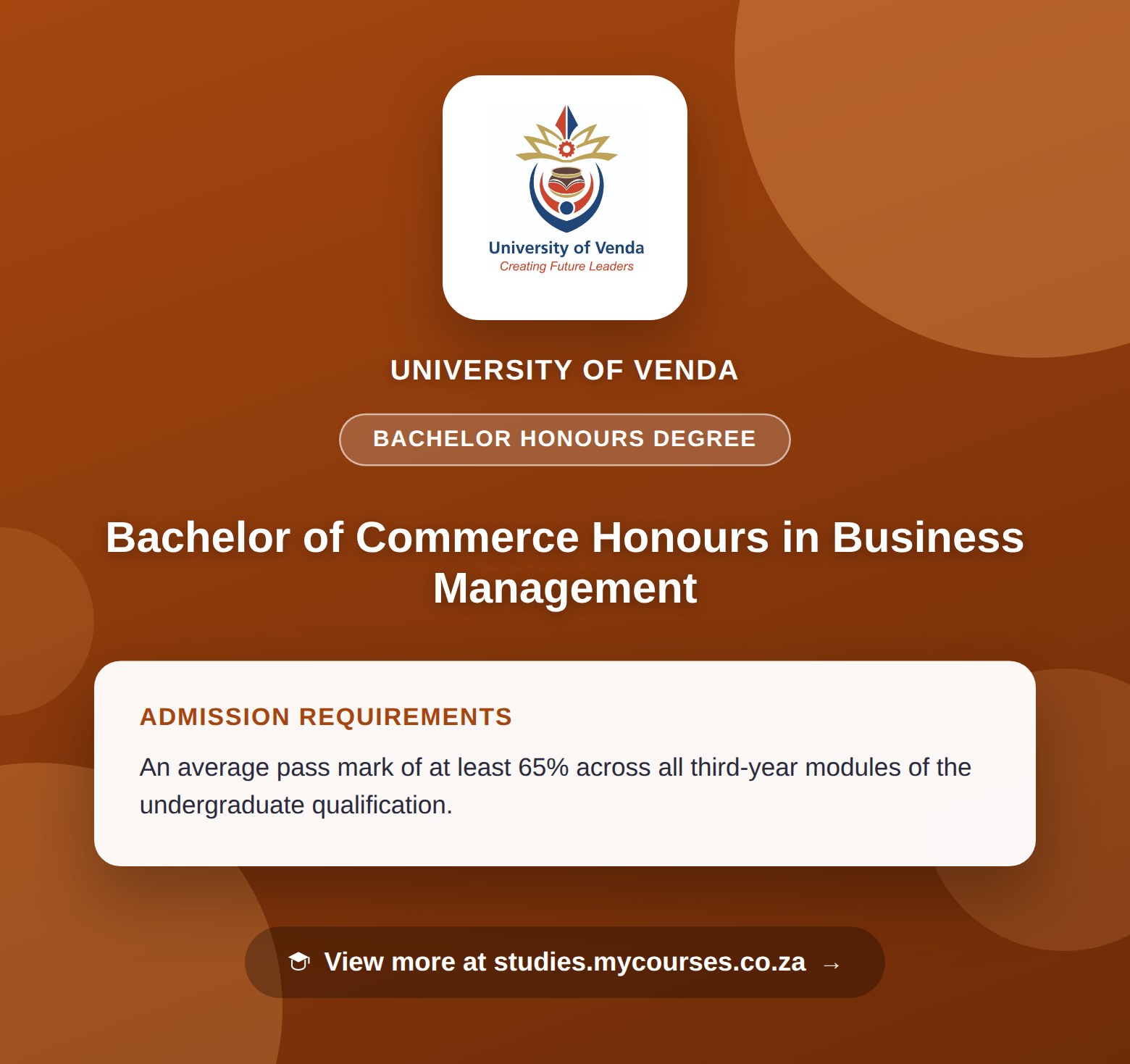 Poster showing admission requirements for the Bachelor of Commerce Honours in Business Management bachelor honours degree at University of Venda, with a link to studies.mycourses.co.za