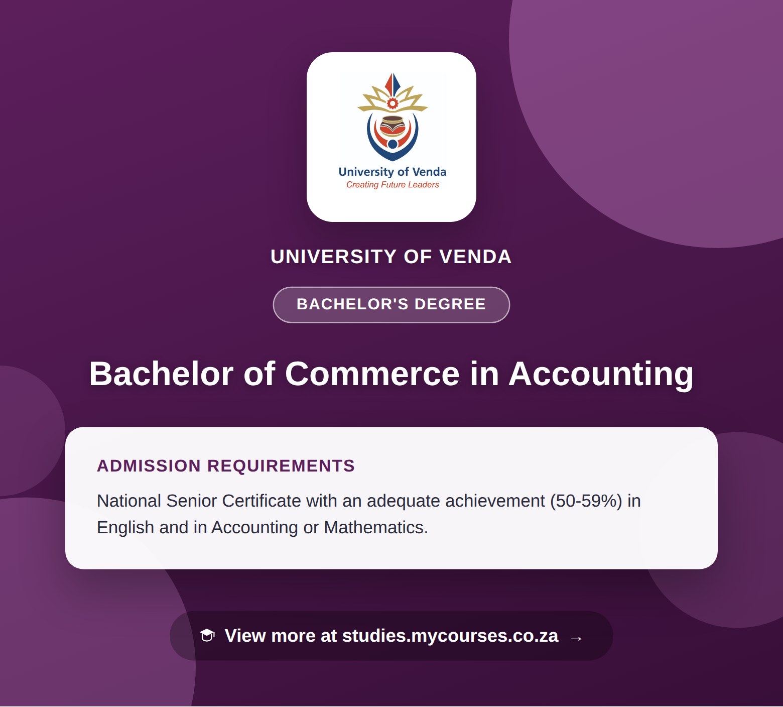 Poster showing admission requirements for the Bachelor of Commerce in Accounting bachelor's degree at University of Venda, with a link to studies.mycourses.co.za