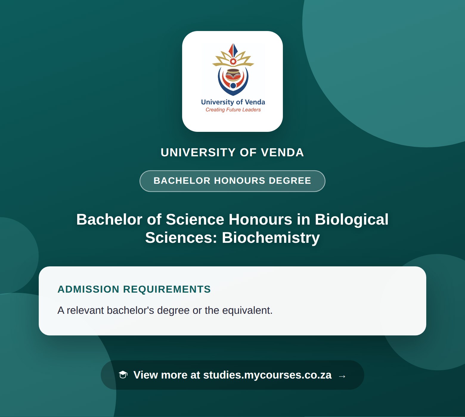 Poster showing admission requirements for the Bachelor of Science Honours in Biological Sciences: Biochemistry bachelor honours degree at University of Venda, with a link to studies.mycourses.co.za
