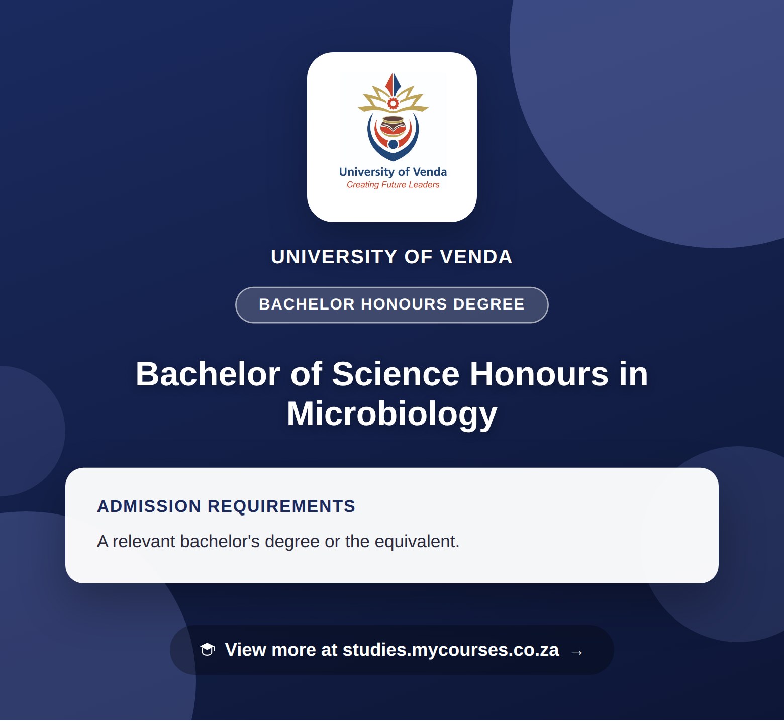 Poster showing admission requirements for the Bachelor of Science Honours in Microbiology bachelor honours degree at University of Venda, with a link to studies.mycourses.co.za