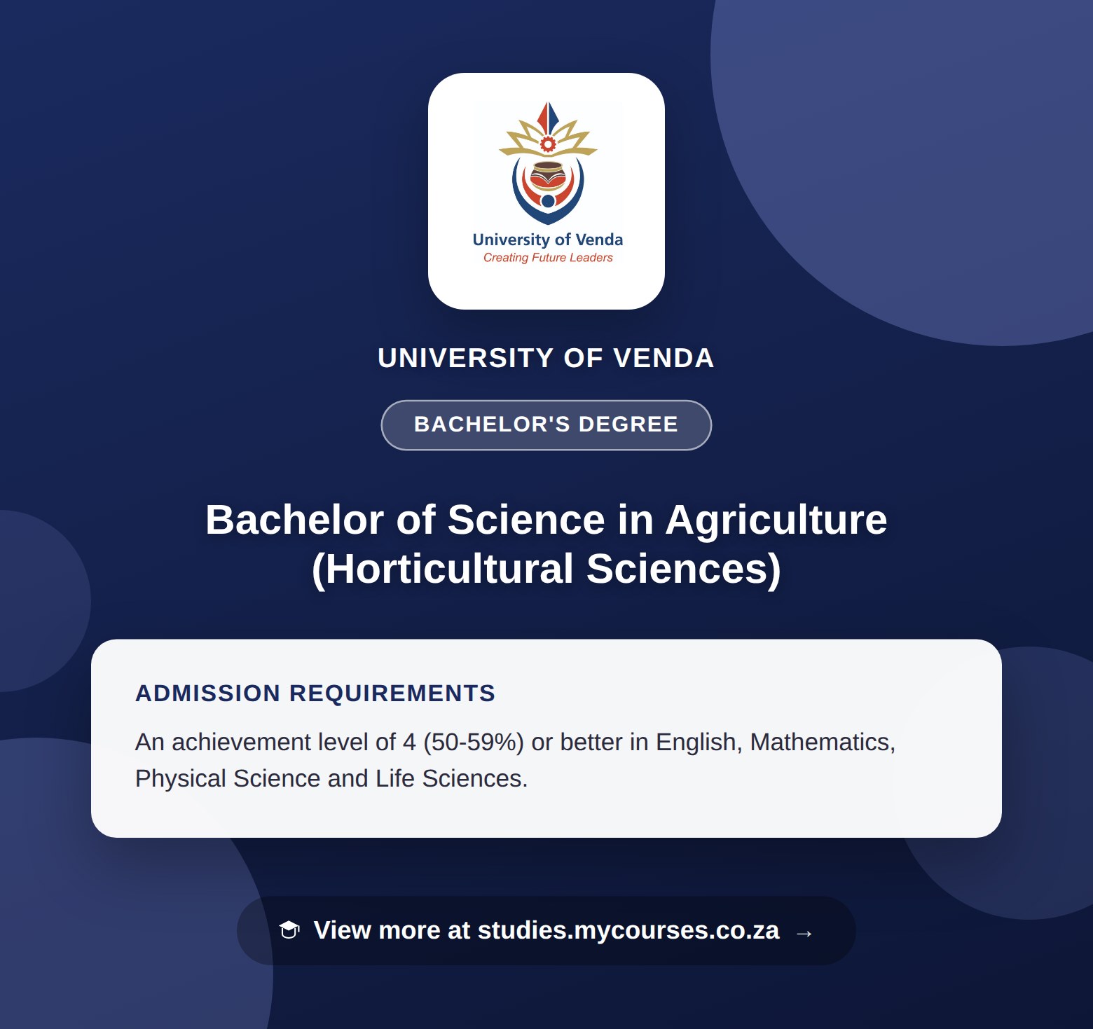 Poster showing admission requirements for the Bachelor of Science in Agriculture (Horticultural Sciences) bachelor's degree at University of Venda, with a link to studies.mycourses.co.za