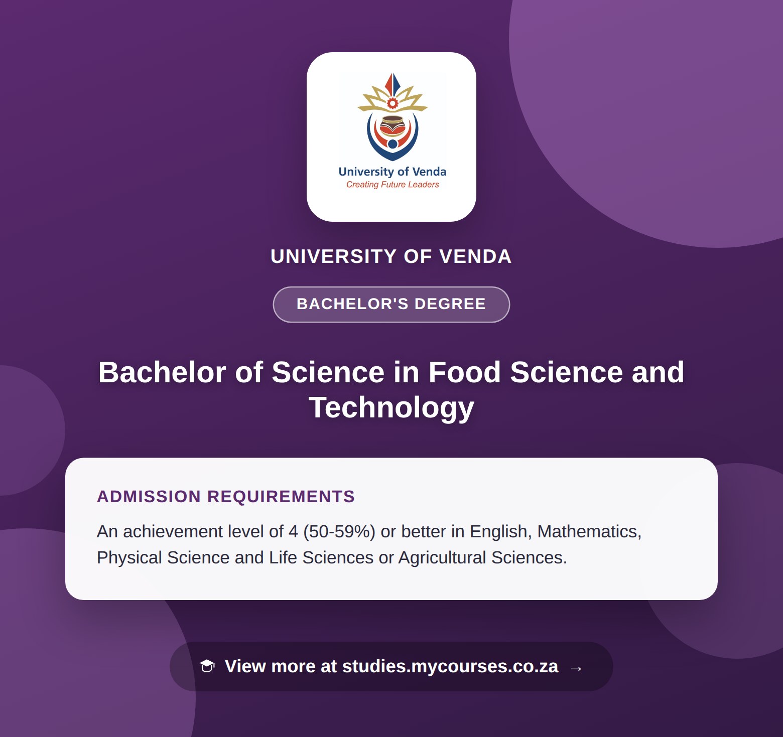 Poster showing admission requirements for the Bachelor of Science in Food Science and Technology bachelor's degree at University of Venda, with a link to studies.mycourses.co.za