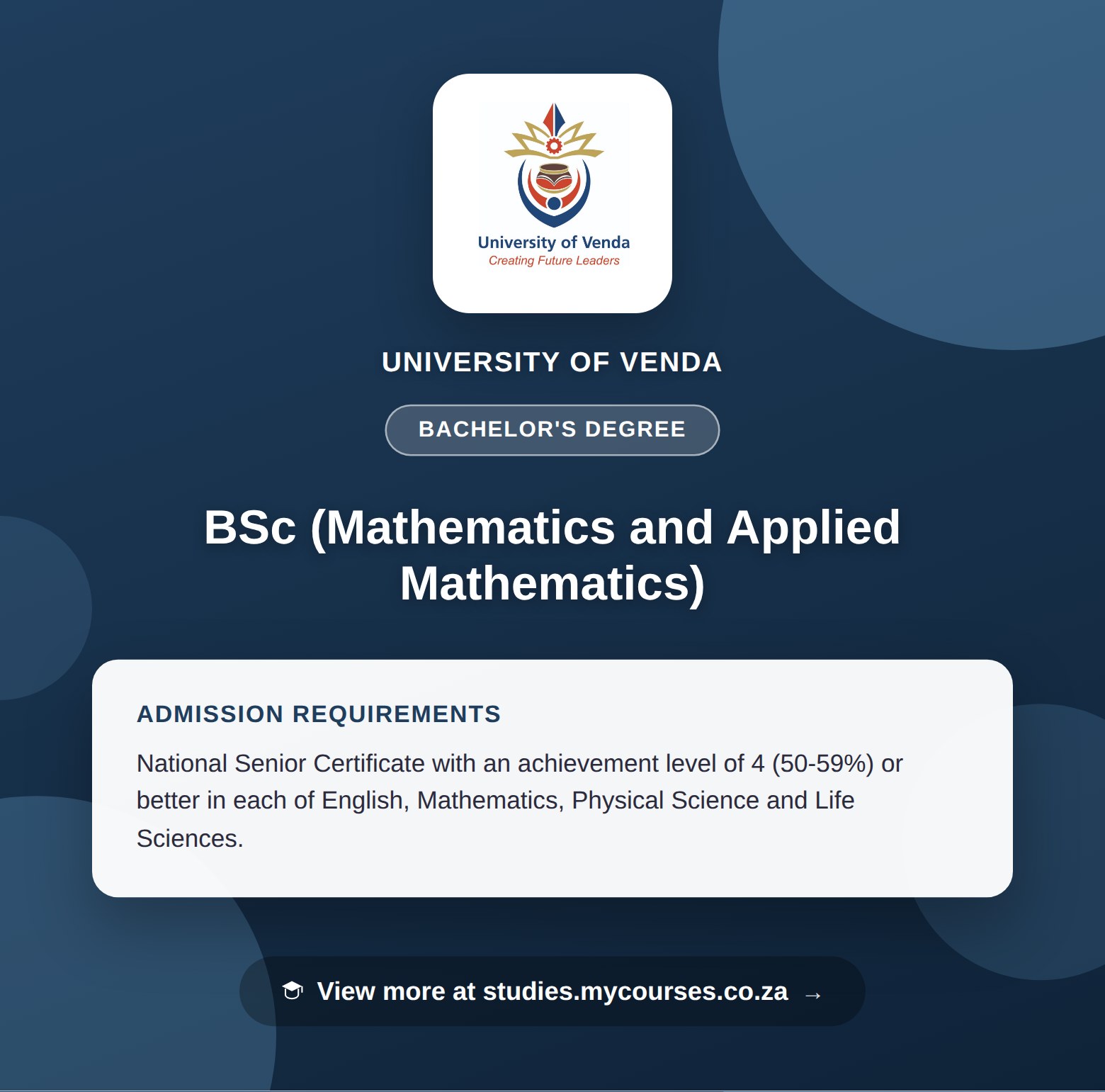 Poster showing admission requirements for the BSc (Mathematics and Applied Mathematics) bachelor's degree at University of Venda, with a link to studies.mycourses.co.za