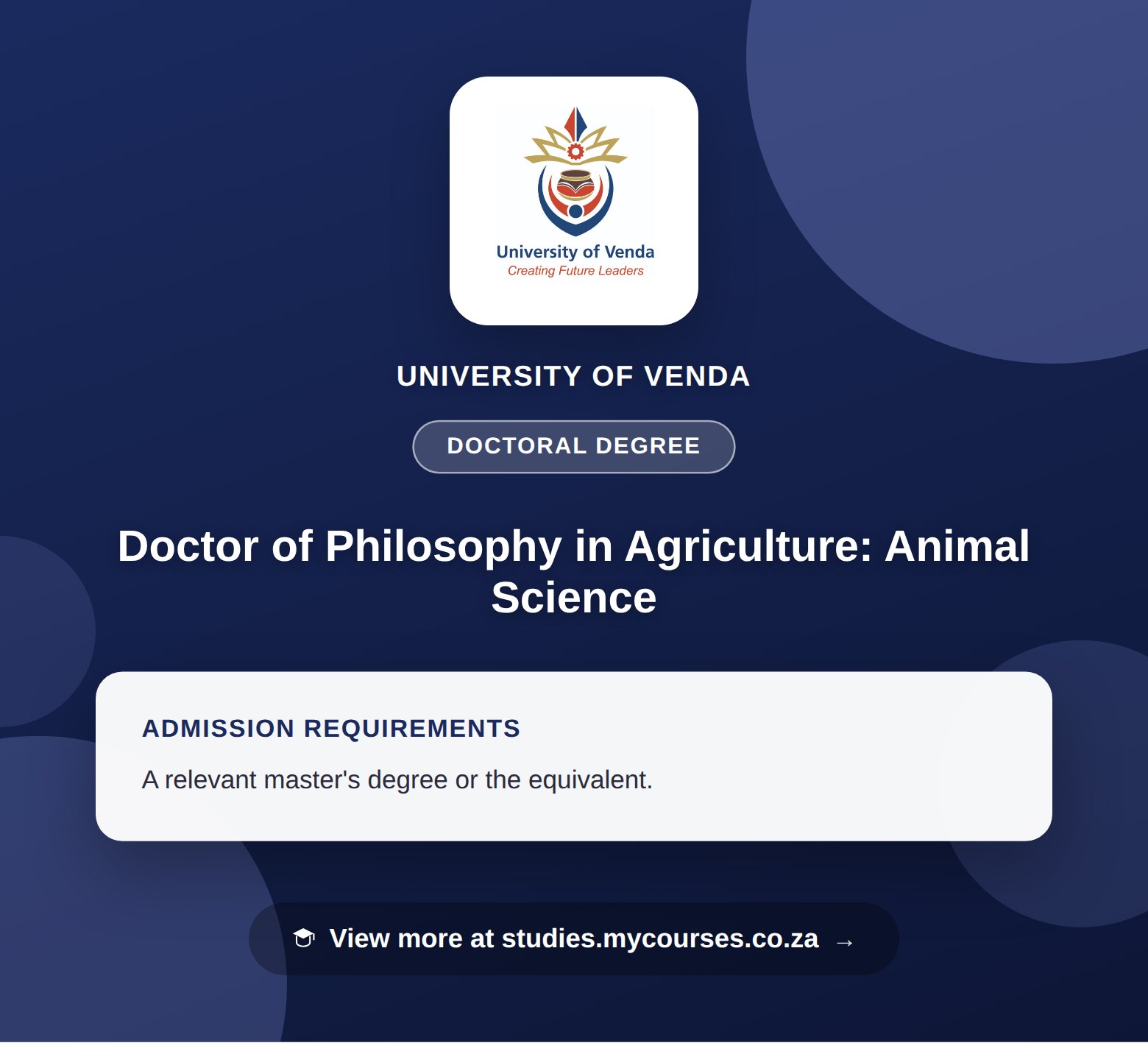 Poster showing admission requirements for the Doctor of Philosophy in Agriculture: Animal Science doctoral degree at University of Venda, with a link to studies.mycourses.co.za
