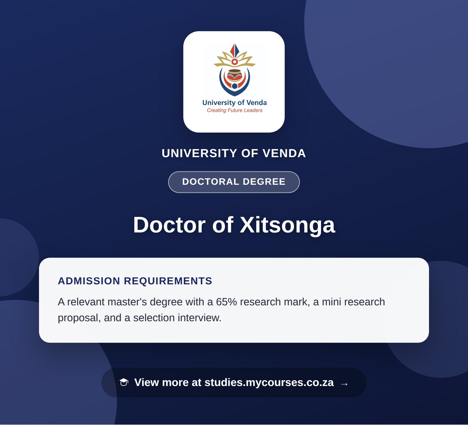 Poster showing admission requirements for the Doctor of Xitsonga doctoral degree at University of Venda, with a link to studies.mycourses.co.za