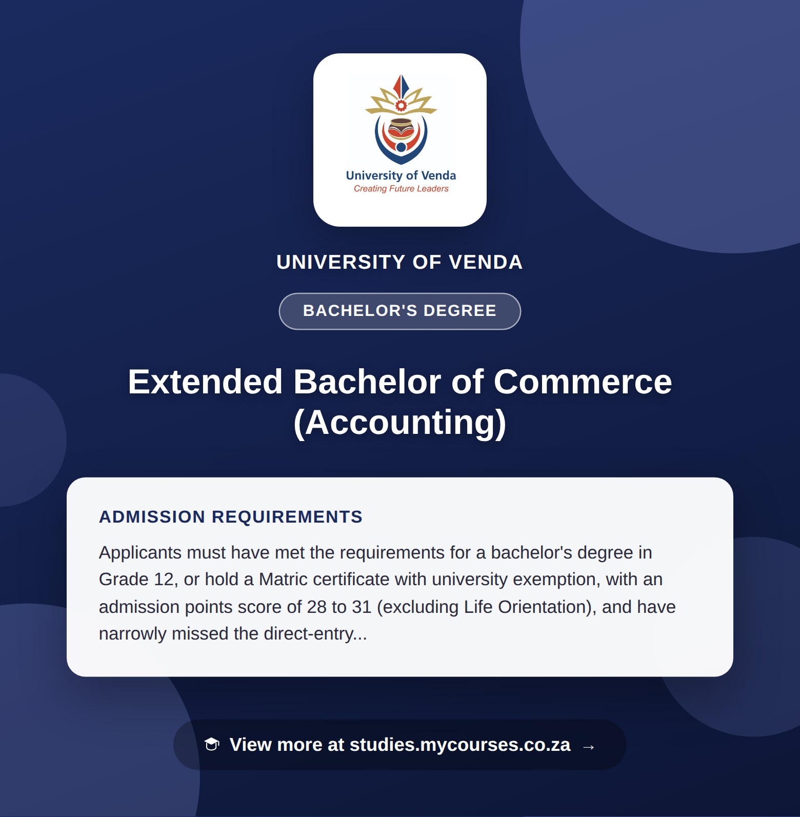 Poster showing admission requirements for the Extended Bachelor of Commerce (Accounting) bachelor's degree at University of Venda, with a link to studies.mycourses.co.za