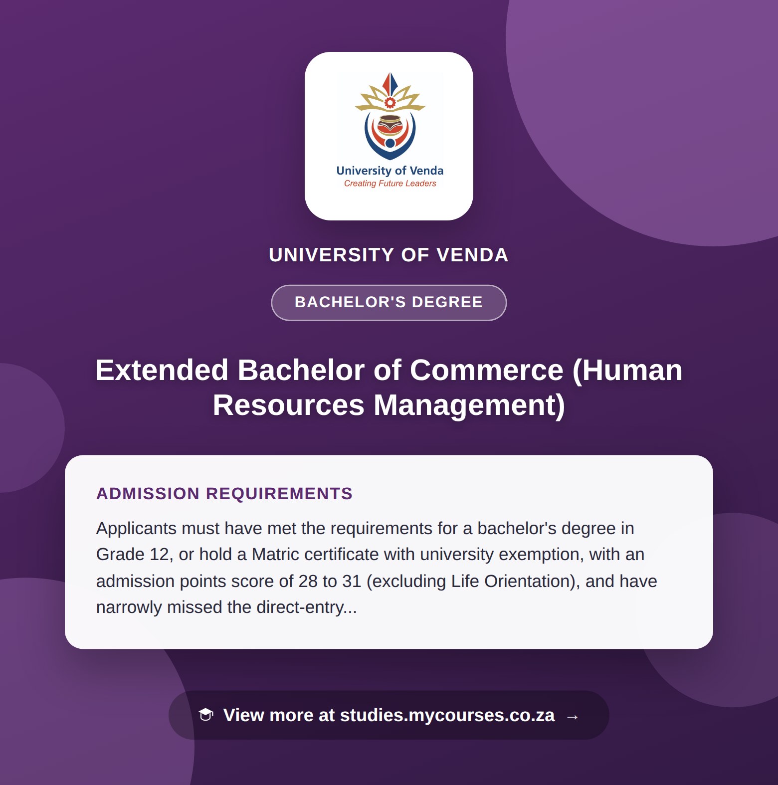 Poster showing admission requirements for the Extended Bachelor of Commerce (Human Resources Management) bachelor's degree at University of Venda, with a link to studies.mycourses.co.za