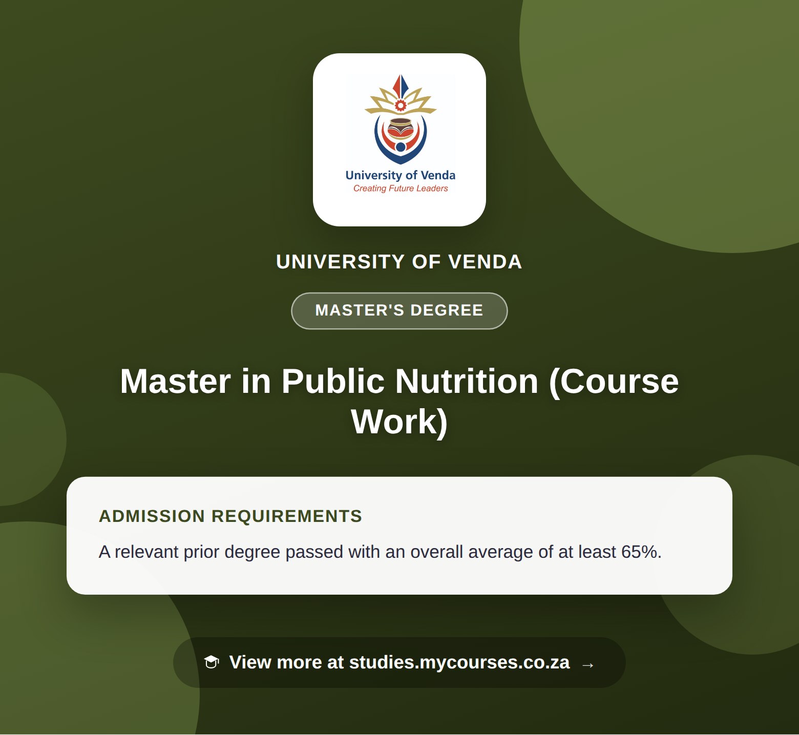 Poster showing admission requirements for the Master in Public Nutrition (Course Work) master's degree at University of Venda, with a link to studies.mycourses.co.za