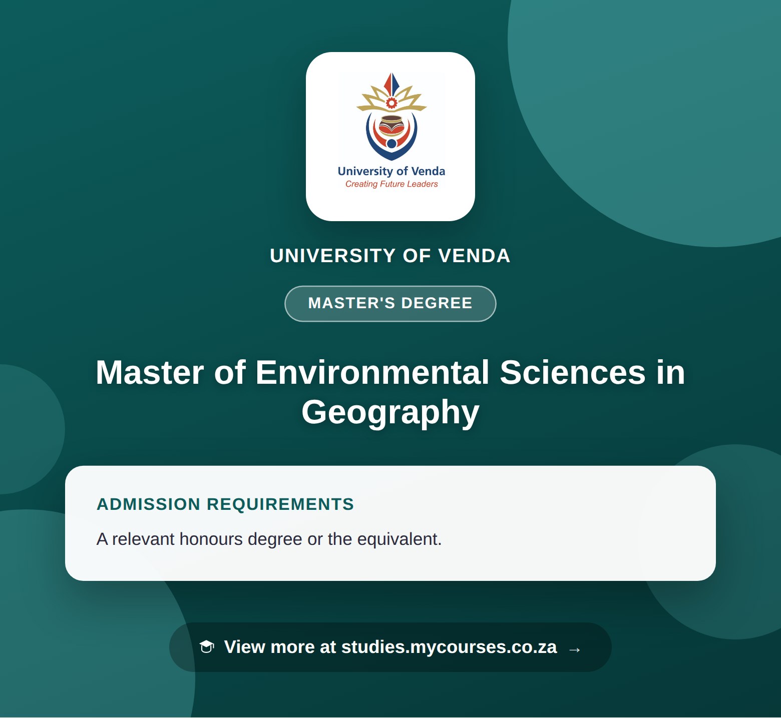 Poster showing admission requirements for the Master of Environmental Sciences in Geography master's degree at University of Venda, with a link to studies.mycourses.co.za