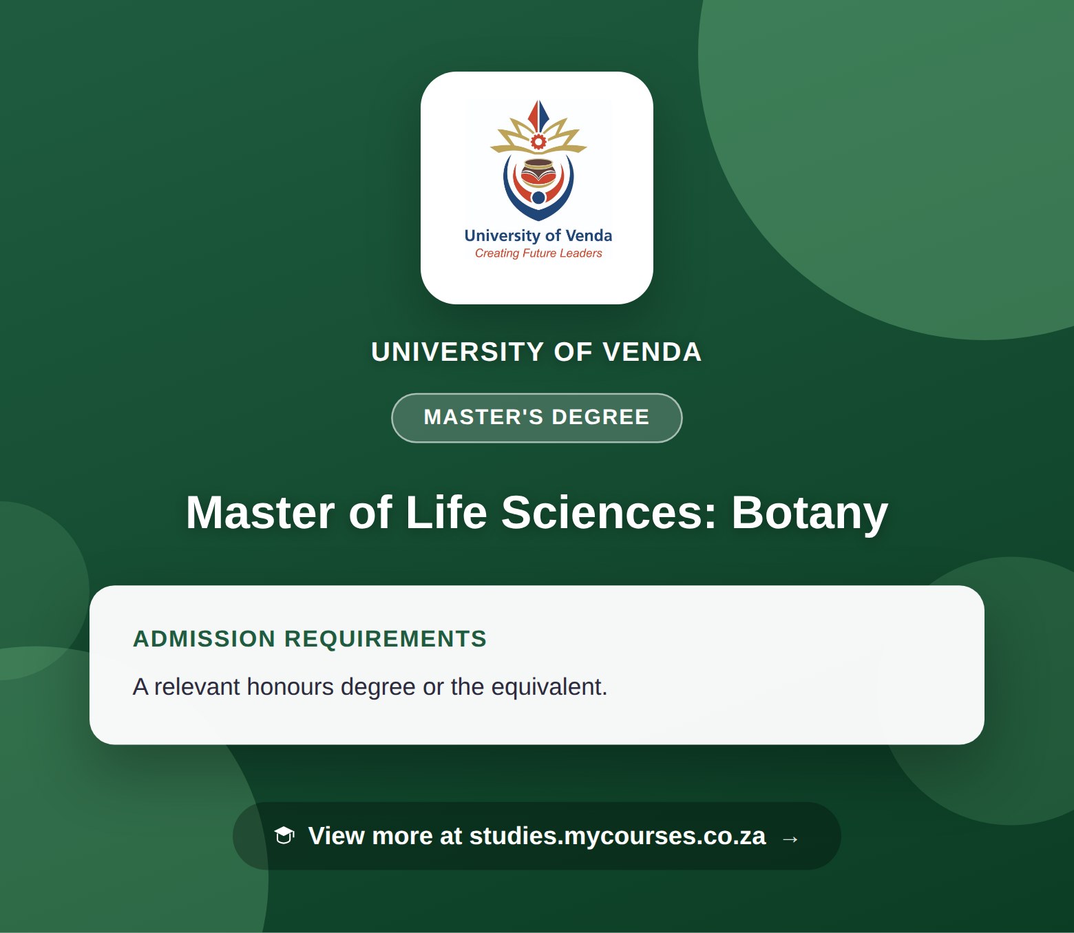 Poster showing admission requirements for the Master of Life Sciences: Botany master's degree at University of Venda, with a link to studies.mycourses.co.za