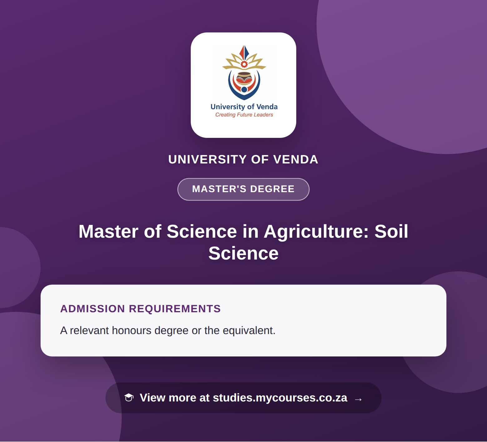 Poster showing admission requirements for the Master of Science in Agriculture: Soil Science master's degree at University of Venda, with a link to studies.mycourses.co.za