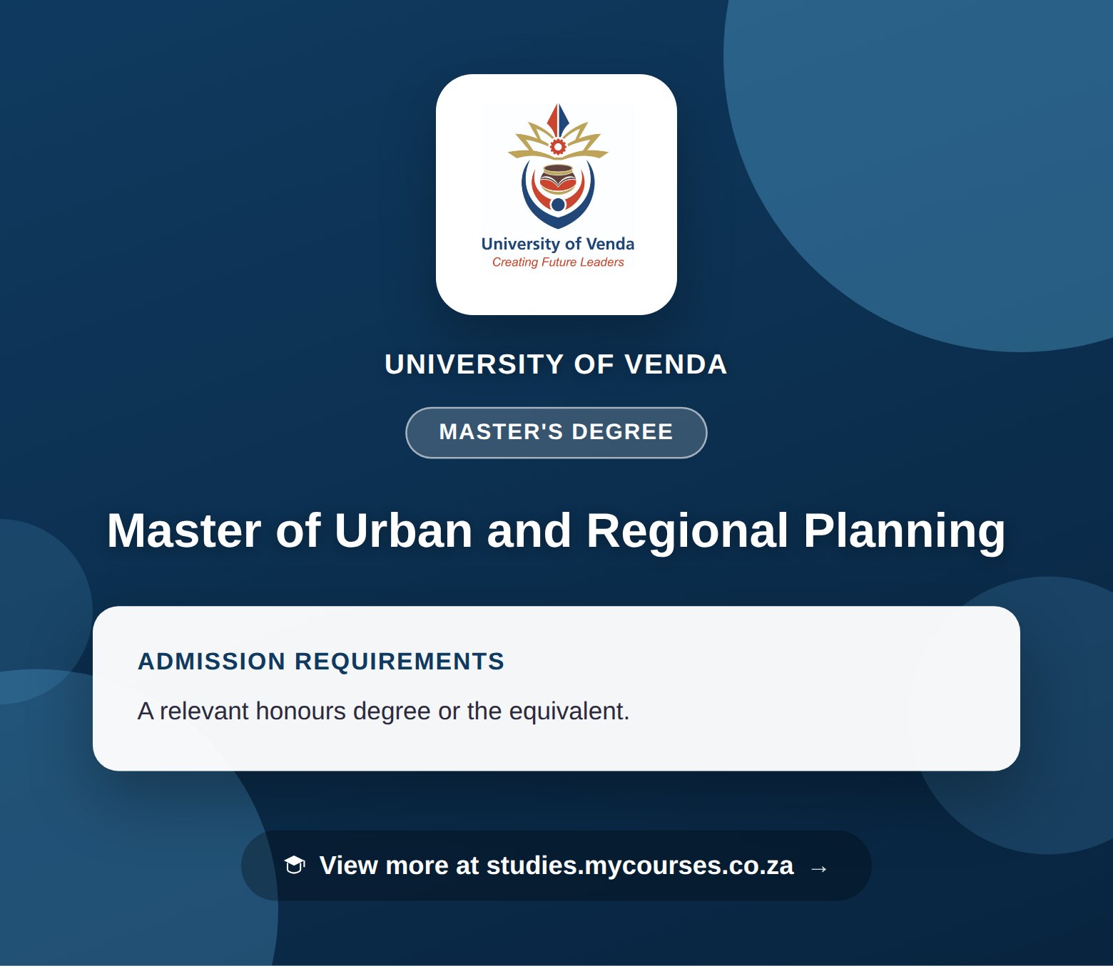 Poster showing admission requirements for the Master of Urban and Regional Planning master's degree at University of Venda, with a link to studies.mycourses.co.za