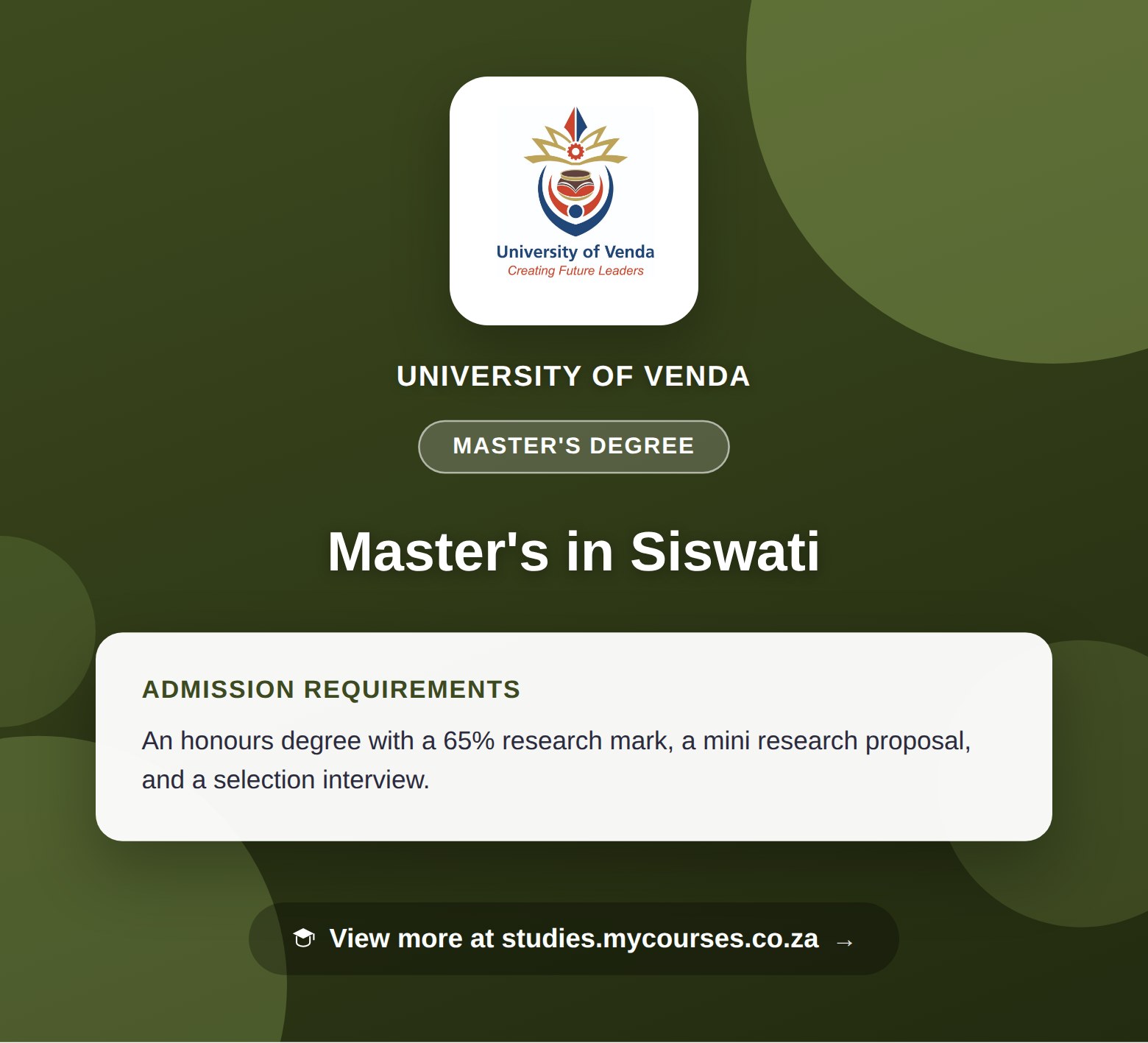 Poster showing admission requirements for the Master's in Siswati master's degree at University of Venda, with a link to studies.mycourses.co.za