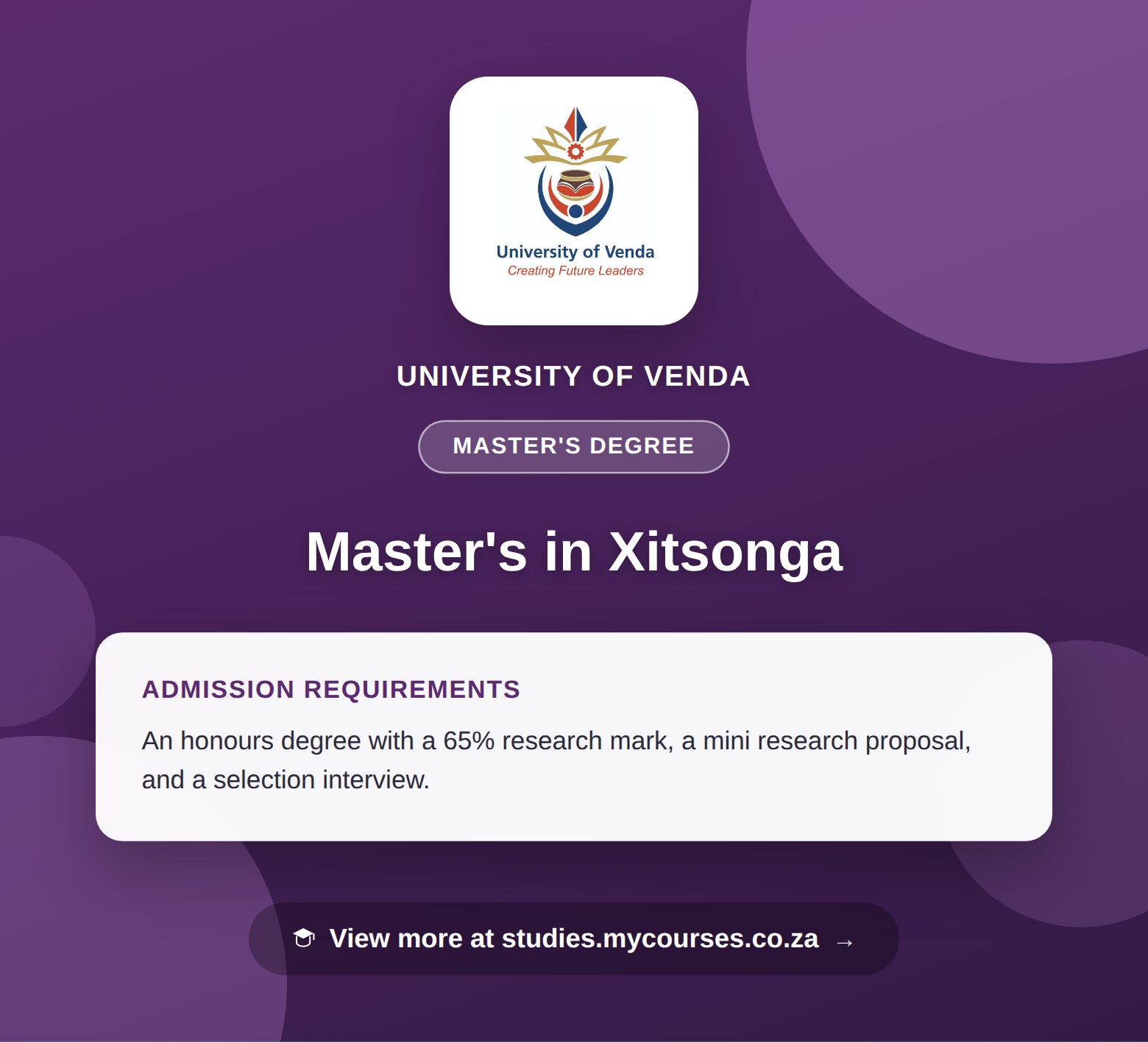 Poster showing admission requirements for the Master's in Xitsonga master's degree at University of Venda, with a link to studies.mycourses.co.za