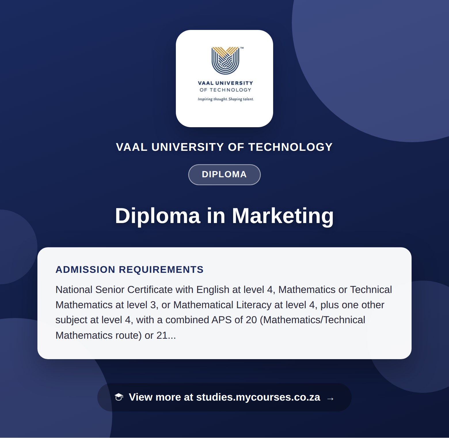 Poster showing admission requirements for the Diploma in Marketing diploma at Vaal University of Technology, with a link to studies.mycourses.co.za