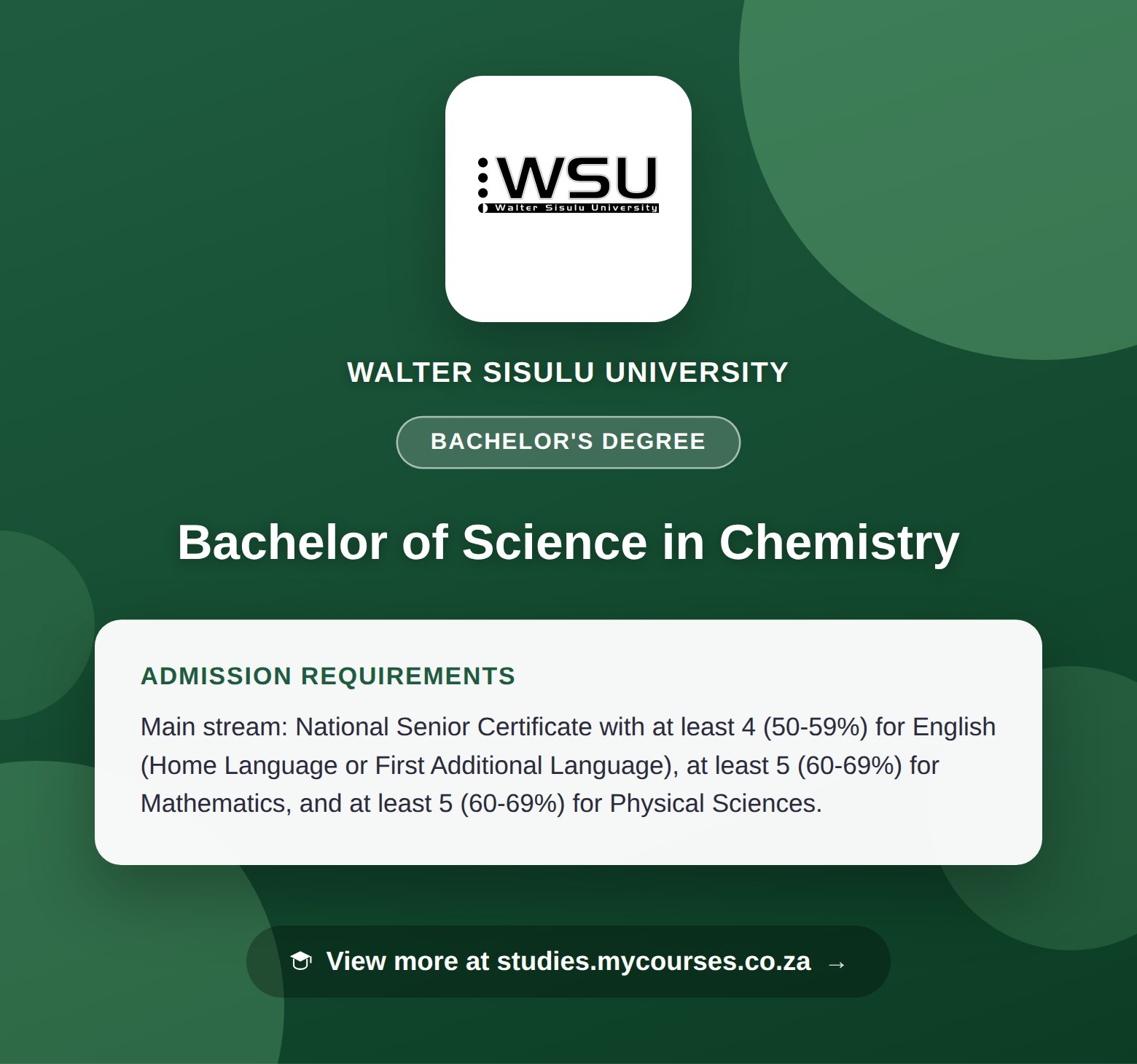 Poster showing admission requirements for the Bachelor of Science in Chemistry bachelor's degree at Walter Sisulu University, with a link to studies.mycourses.co.za