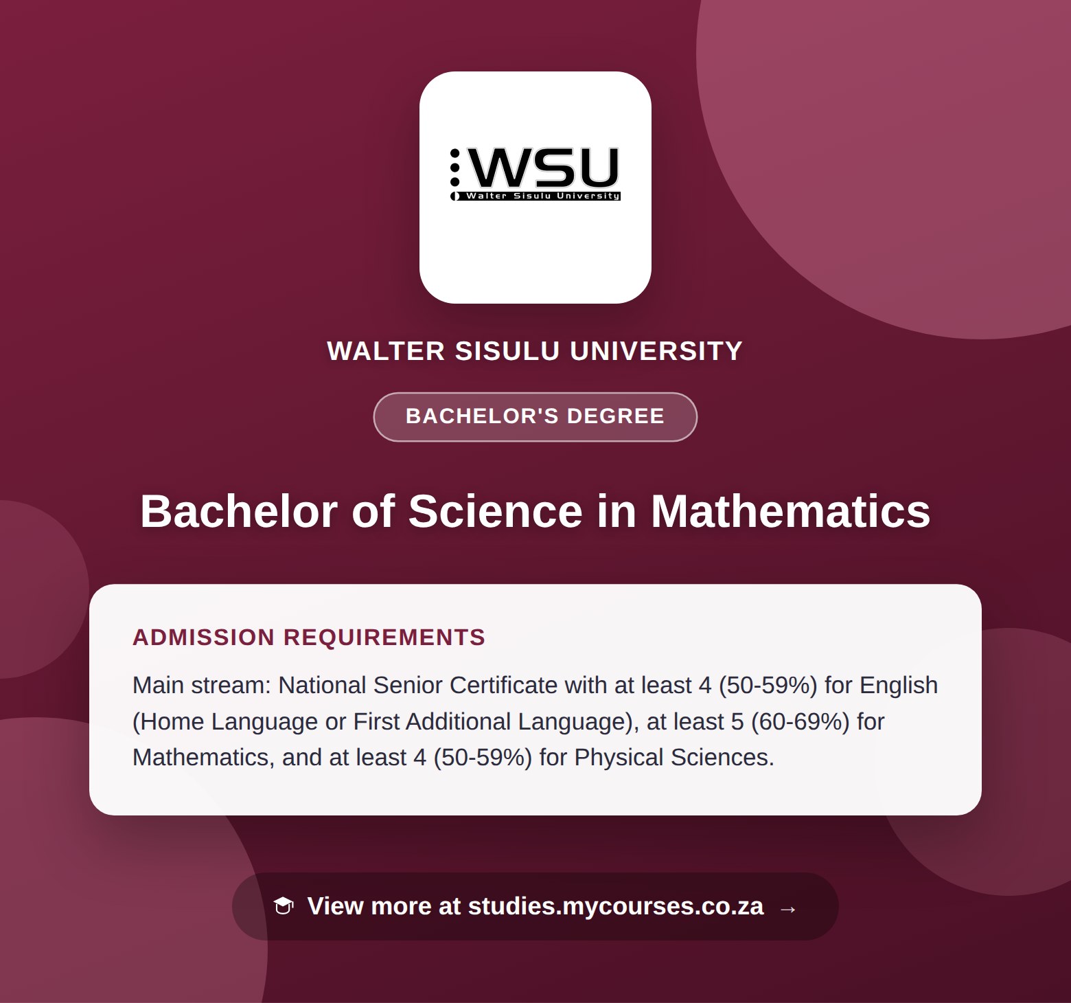 Poster showing admission requirements for the Bachelor of Science in Mathematics bachelor's degree at Walter Sisulu University, with a link to studies.mycourses.co.za
