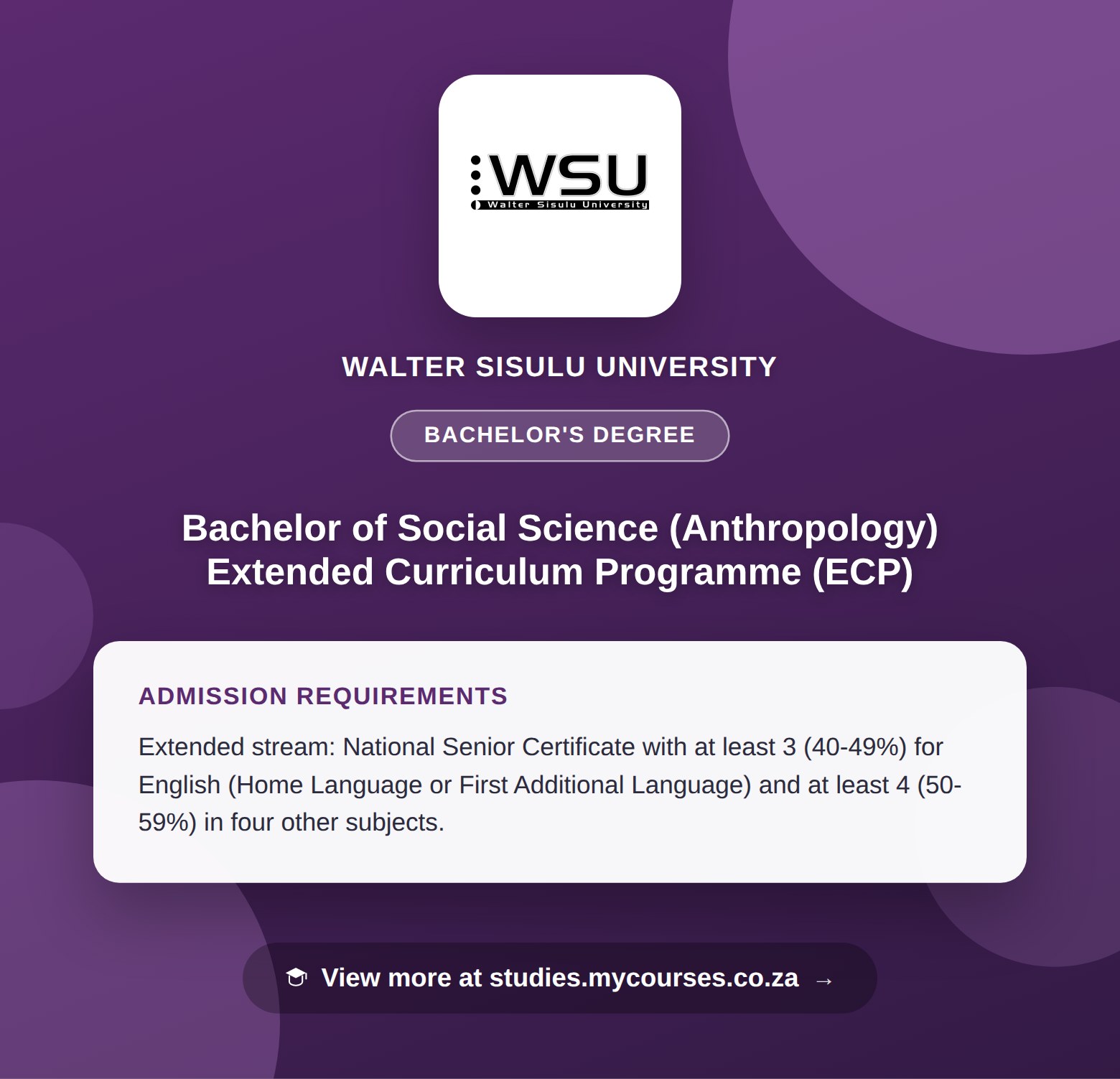 Poster showing admission requirements for the Bachelor of Social Science (Anthropology) Extended Curriculum Programme (ECP) bachelor's degree at Walter Sisulu University, with a link to studies.mycourses.co.za