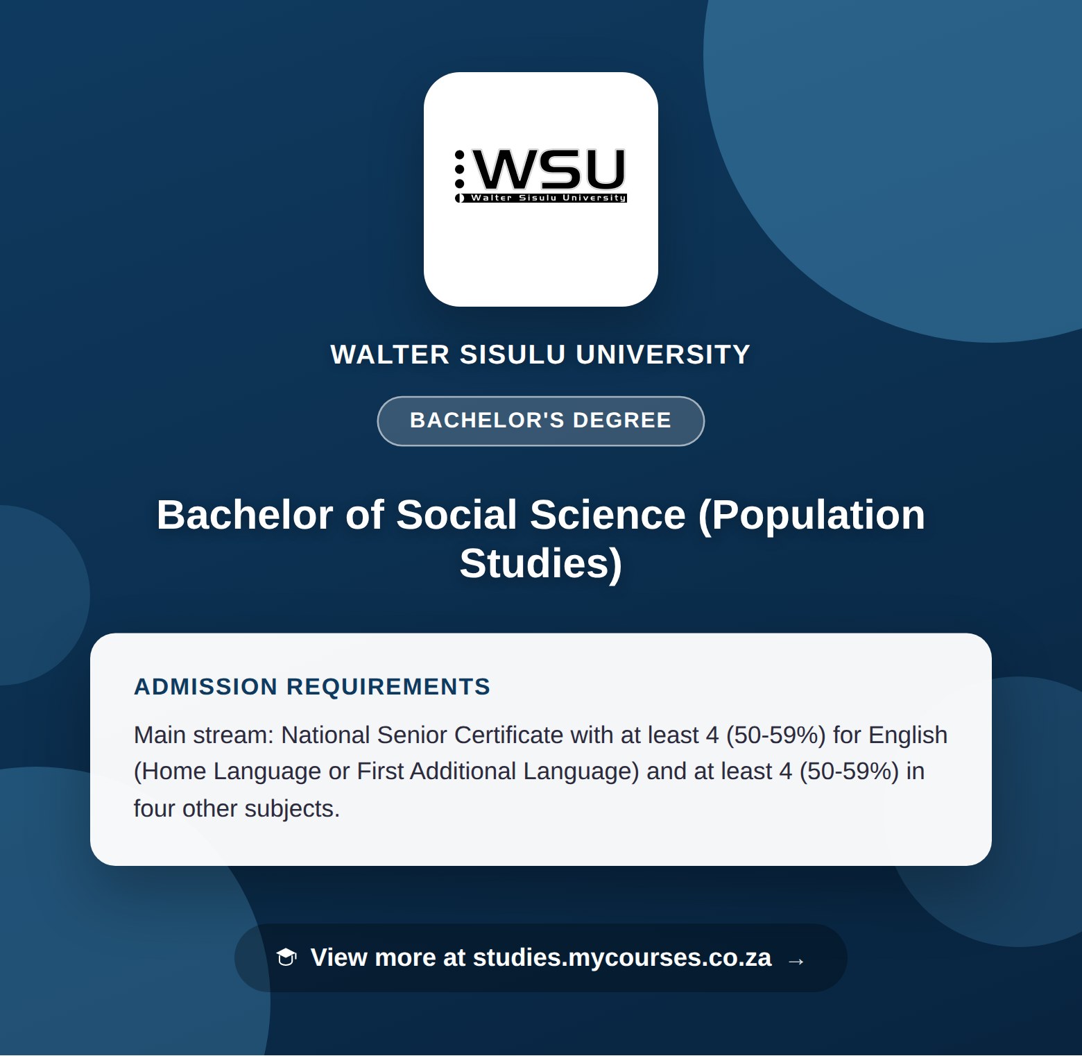 Poster showing admission requirements for the Bachelor of Social Science (Population Studies) bachelor's degree at Walter Sisulu University, with a link to studies.mycourses.co.za