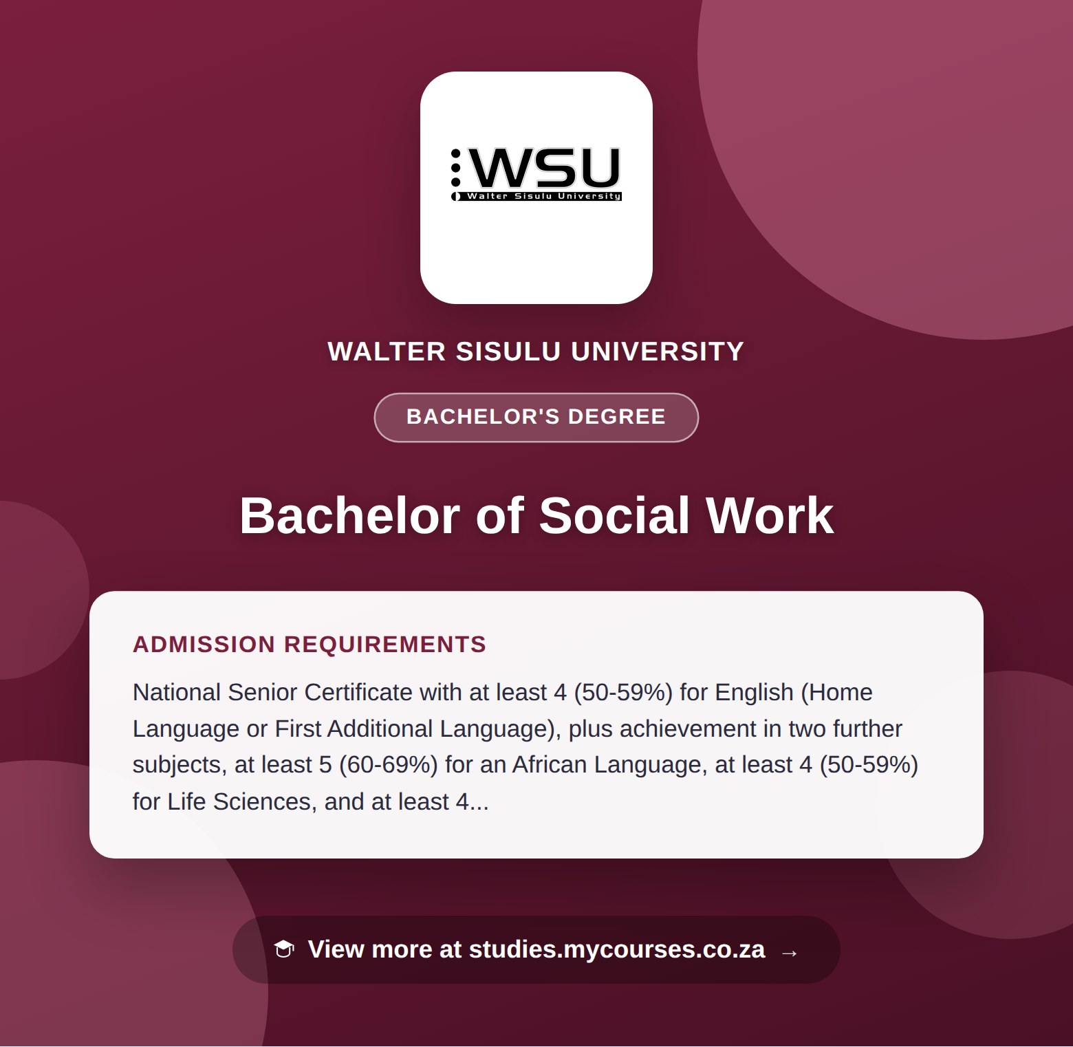 Poster showing admission requirements for the Bachelor of Social Work bachelor's degree at Walter Sisulu University, with a link to studies.mycourses.co.za
