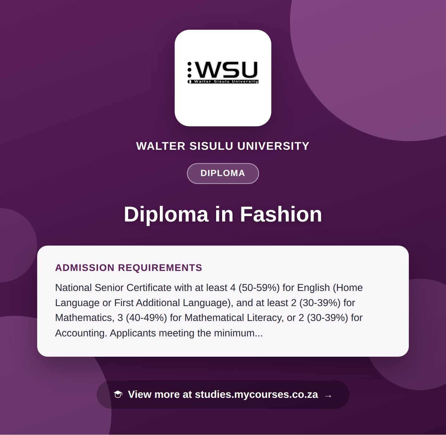 Poster showing admission requirements for the Diploma in Fashion diploma at Walter Sisulu University, with a link to studies.mycourses.co.za