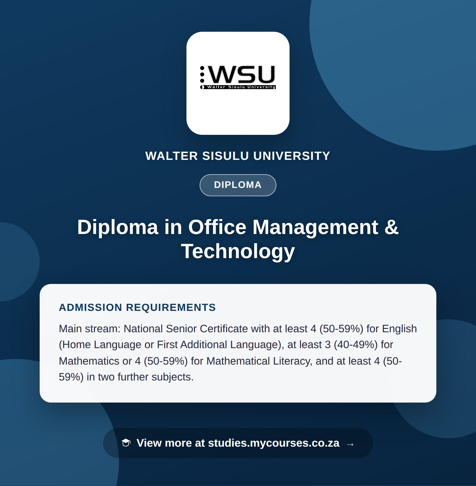 Poster showing admission requirements for the Diploma in Office Management & Technology diploma at Walter Sisulu University, with a link to studies.mycourses.co.za