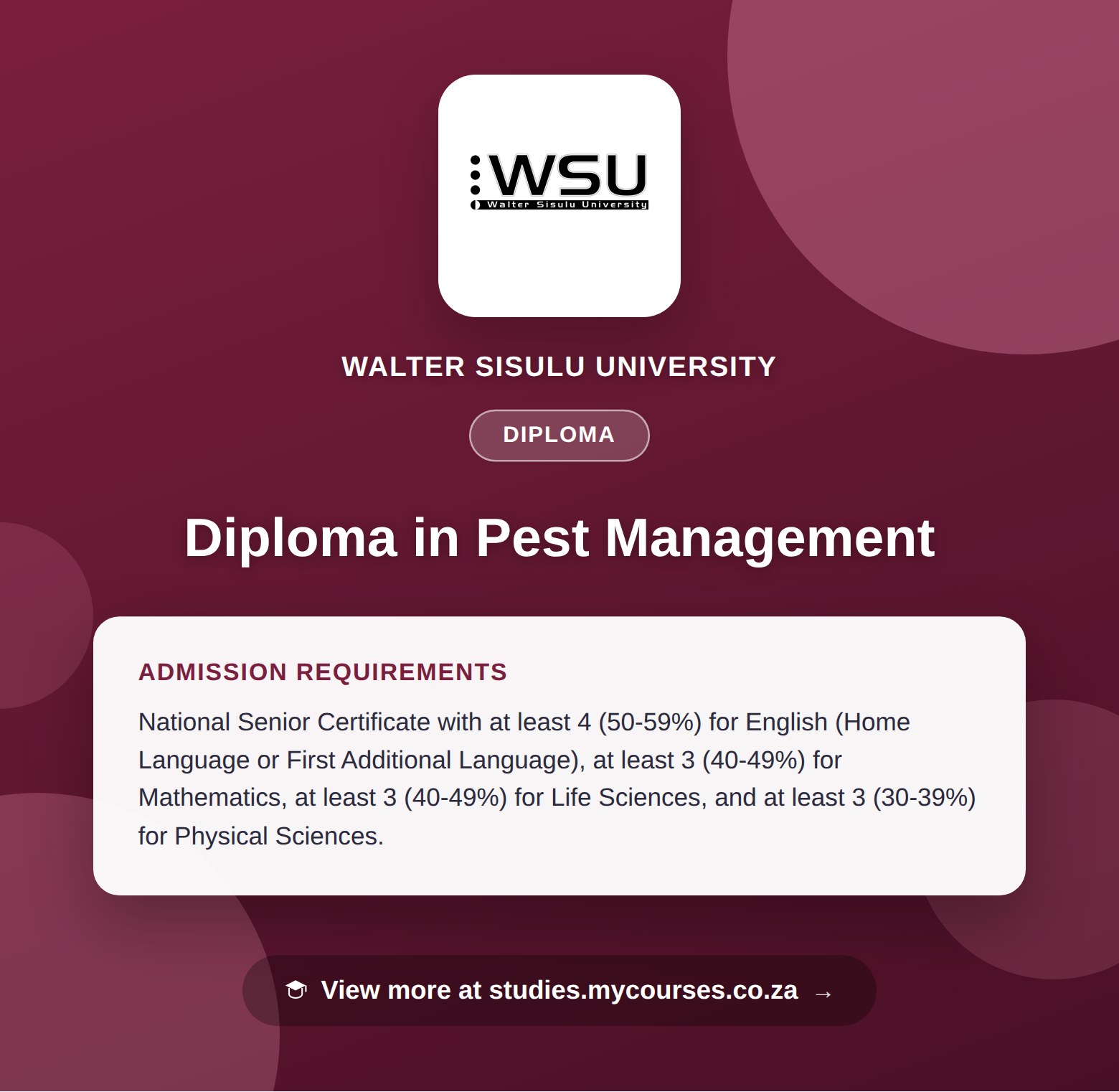 Poster showing admission requirements for the Diploma in Pest Management diploma at Walter Sisulu University, with a link to studies.mycourses.co.za