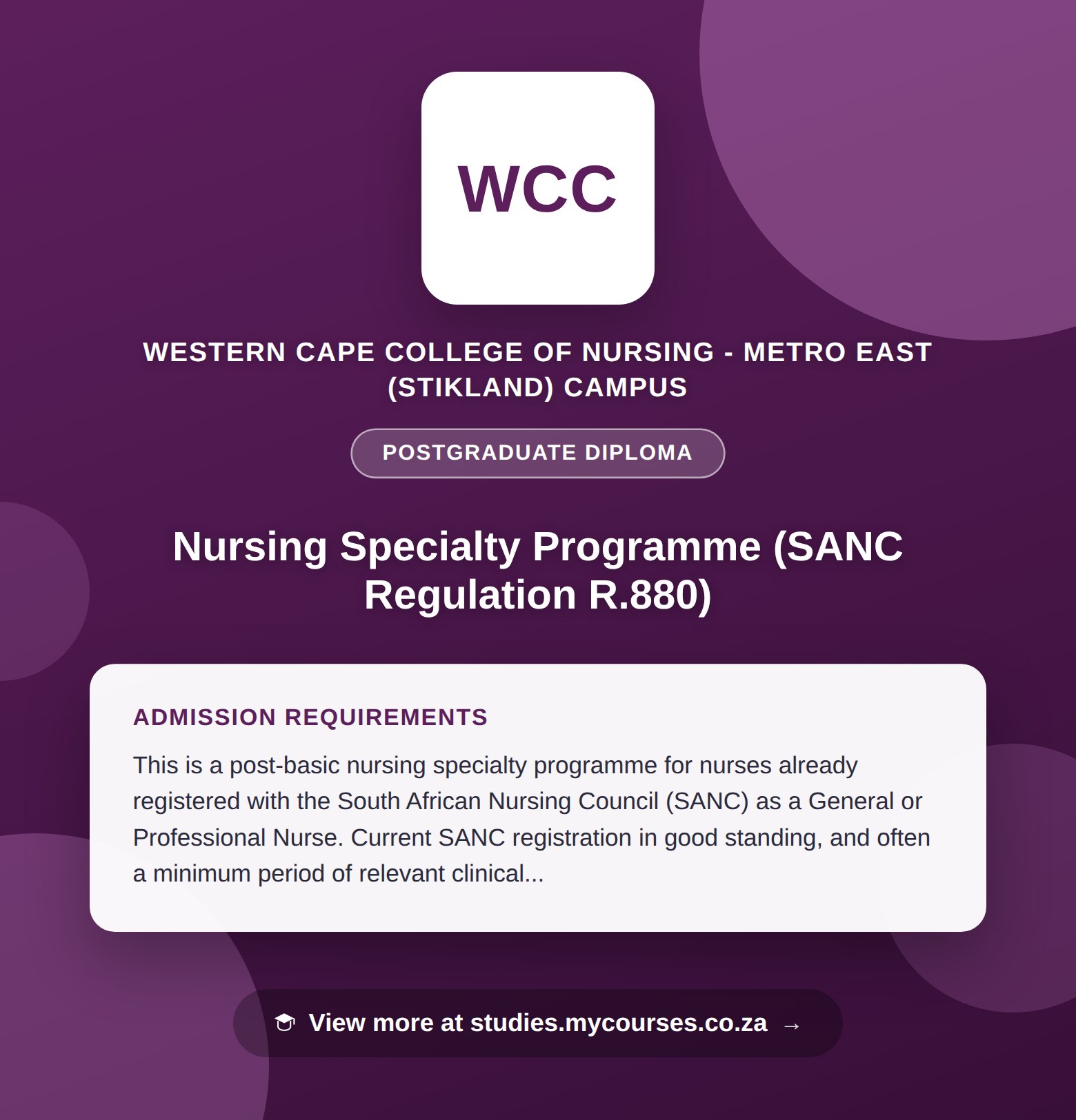Poster showing admission requirements for the Nursing Specialty Programme (SANC Regulation R.880) postgraduate diploma at Western Cape College of Nursing - Metro East (Stikland) Campus, with a link to studies.mycourses.co.za