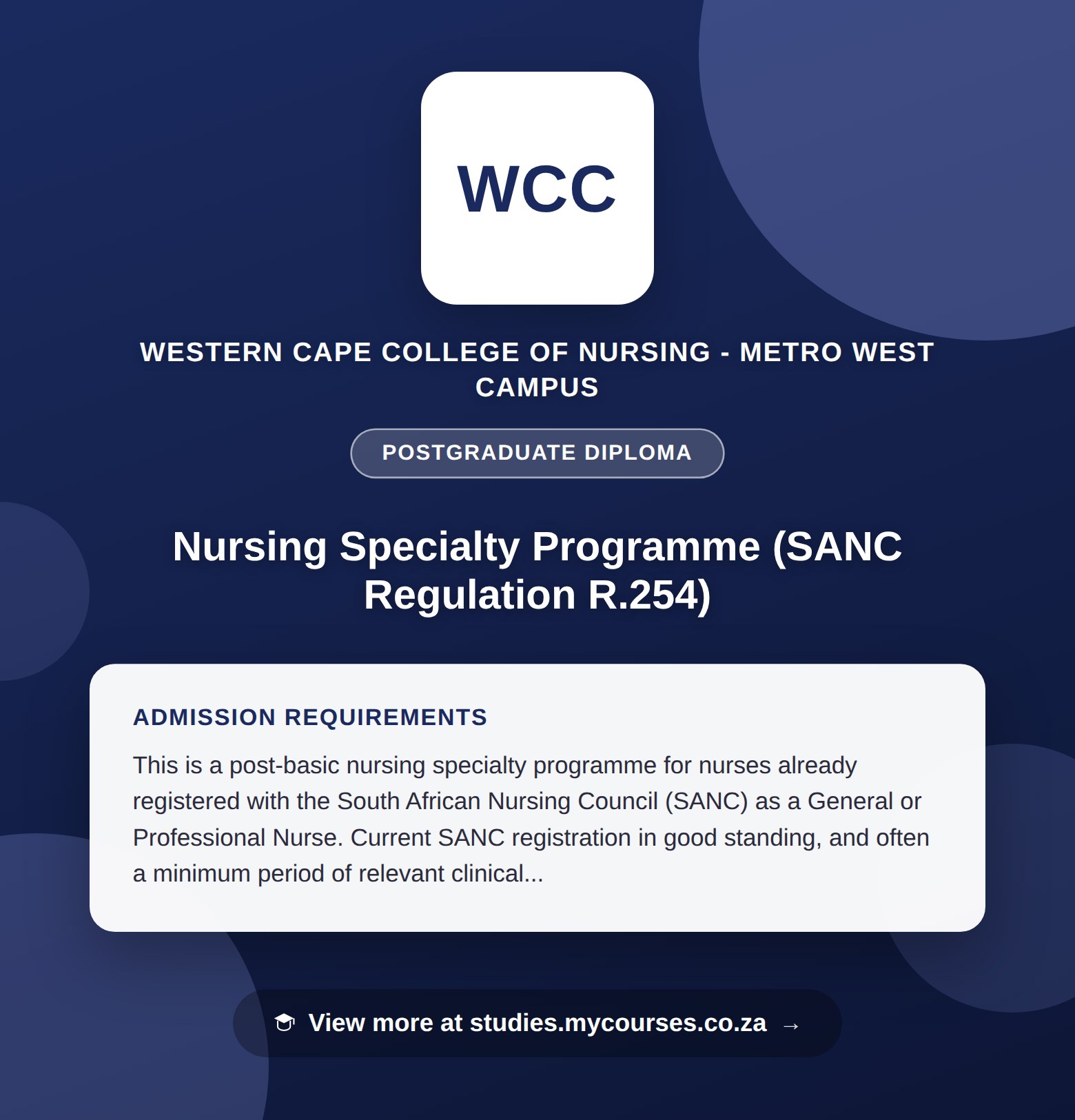 Poster showing admission requirements for the Nursing Specialty Programme (SANC Regulation R.254) postgraduate diploma at Western Cape College of Nursing - Metro West Campus, with a link to studies.mycourses.co.za