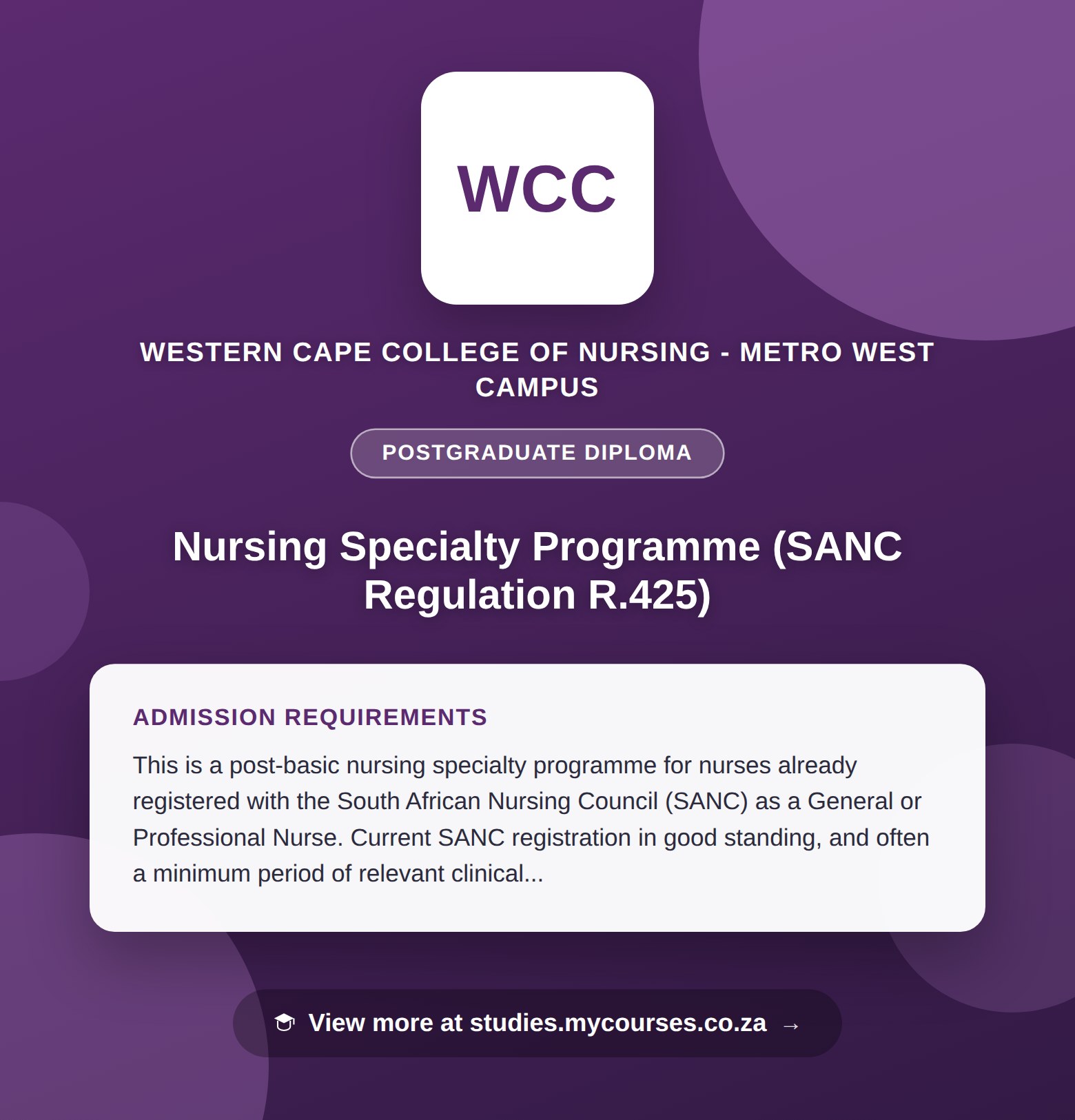 Poster showing admission requirements for the Nursing Specialty Programme (SANC Regulation R.425) postgraduate diploma at Western Cape College of Nursing - Metro West Campus, with a link to studies.mycourses.co.za