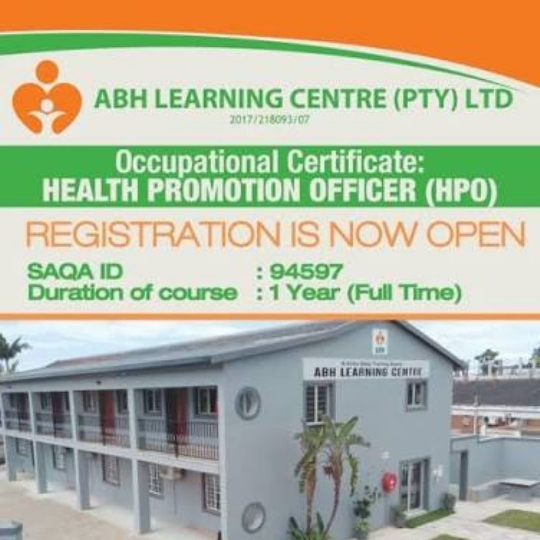 Health Promotion Officer Occupational Certificate at ABH ABH Learning Centre notice for the Occupational Certificate: Health Promotion Officer, SAQA ID 94597, one year full time, above a photo of the campus building.