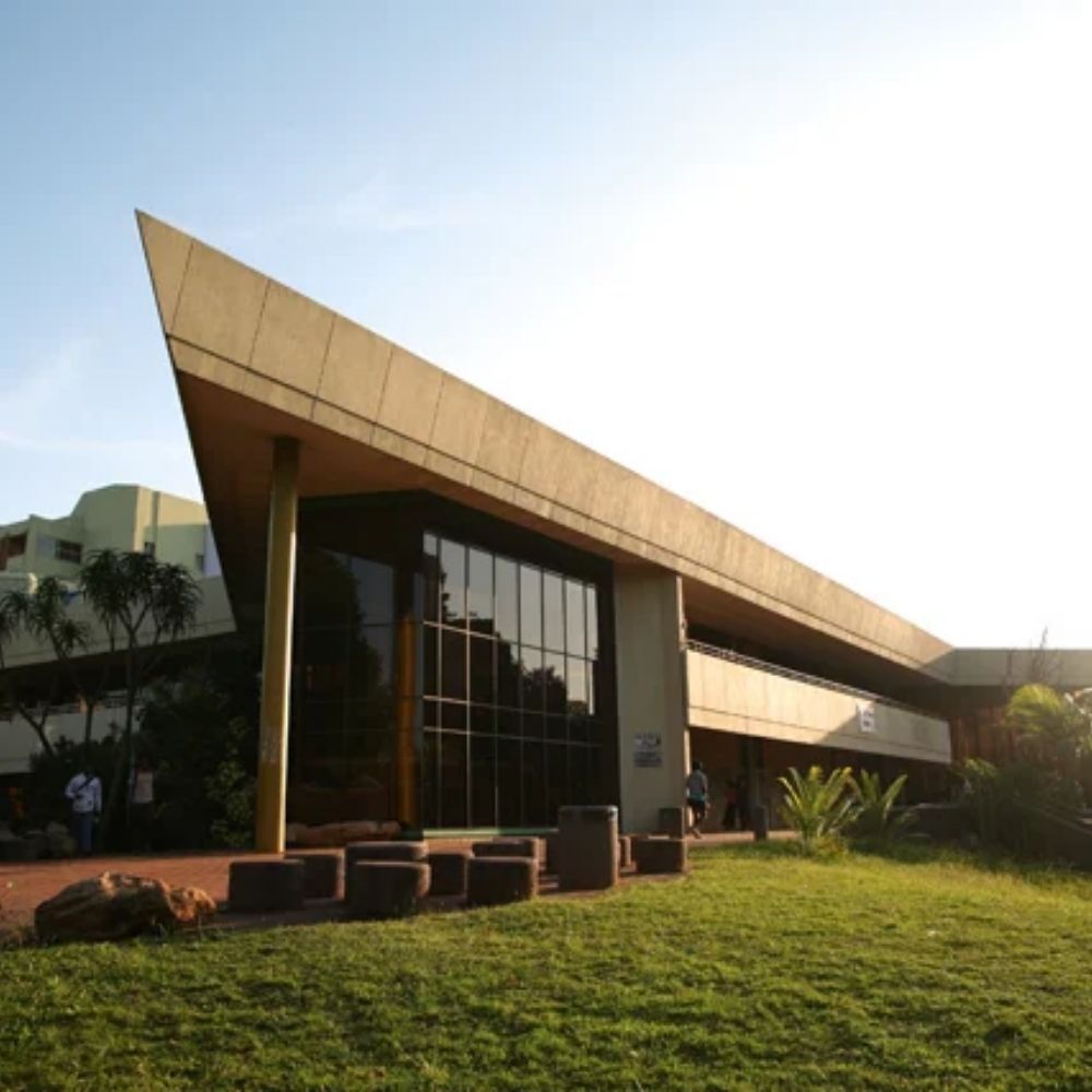 Durban University of Technology Campus Building at Sunset Durban University of Technology campus building with a striking triangular canopy roof at sunset.